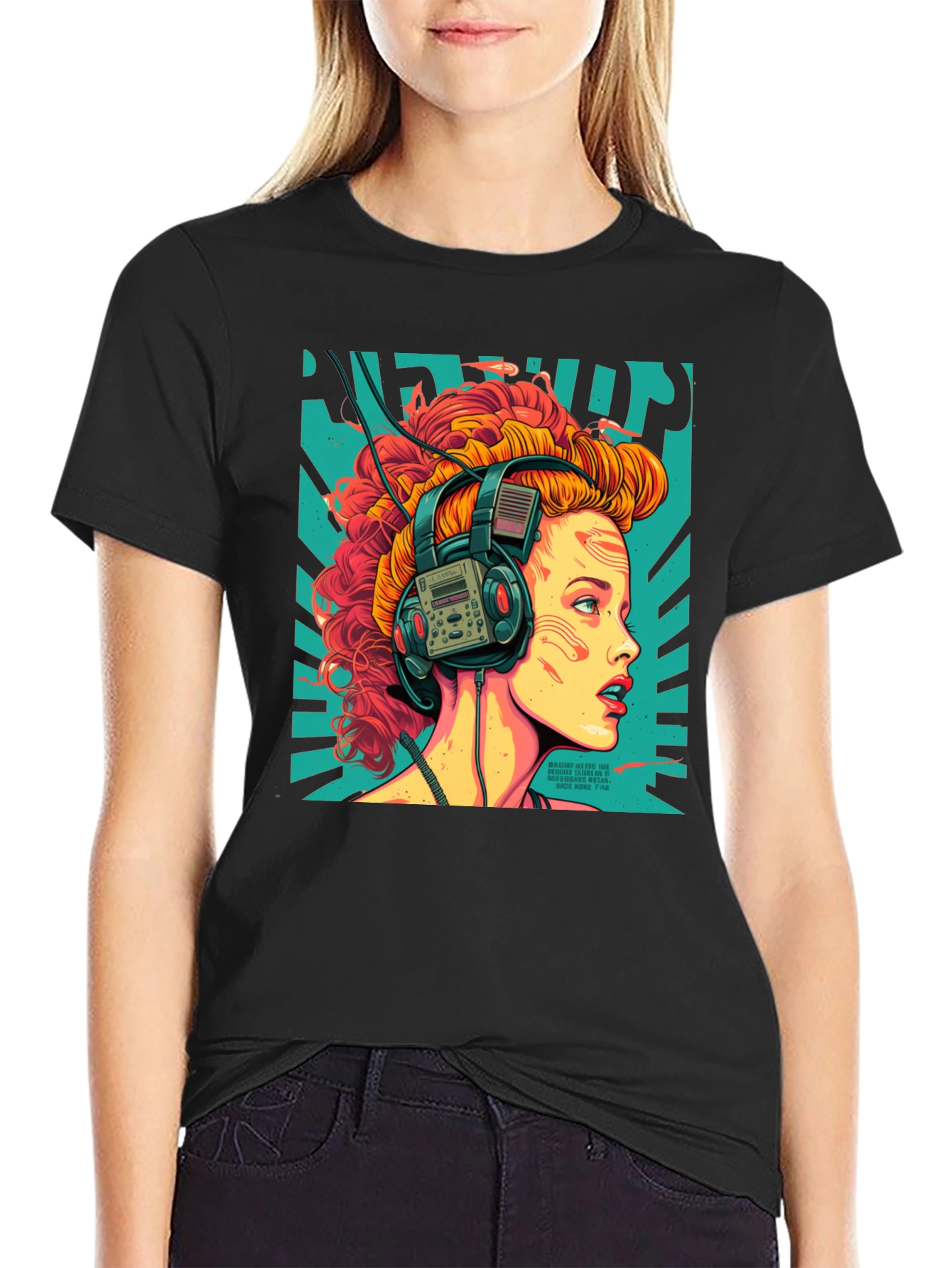 Black Retro Headphones Graphic T-Shirt view 2