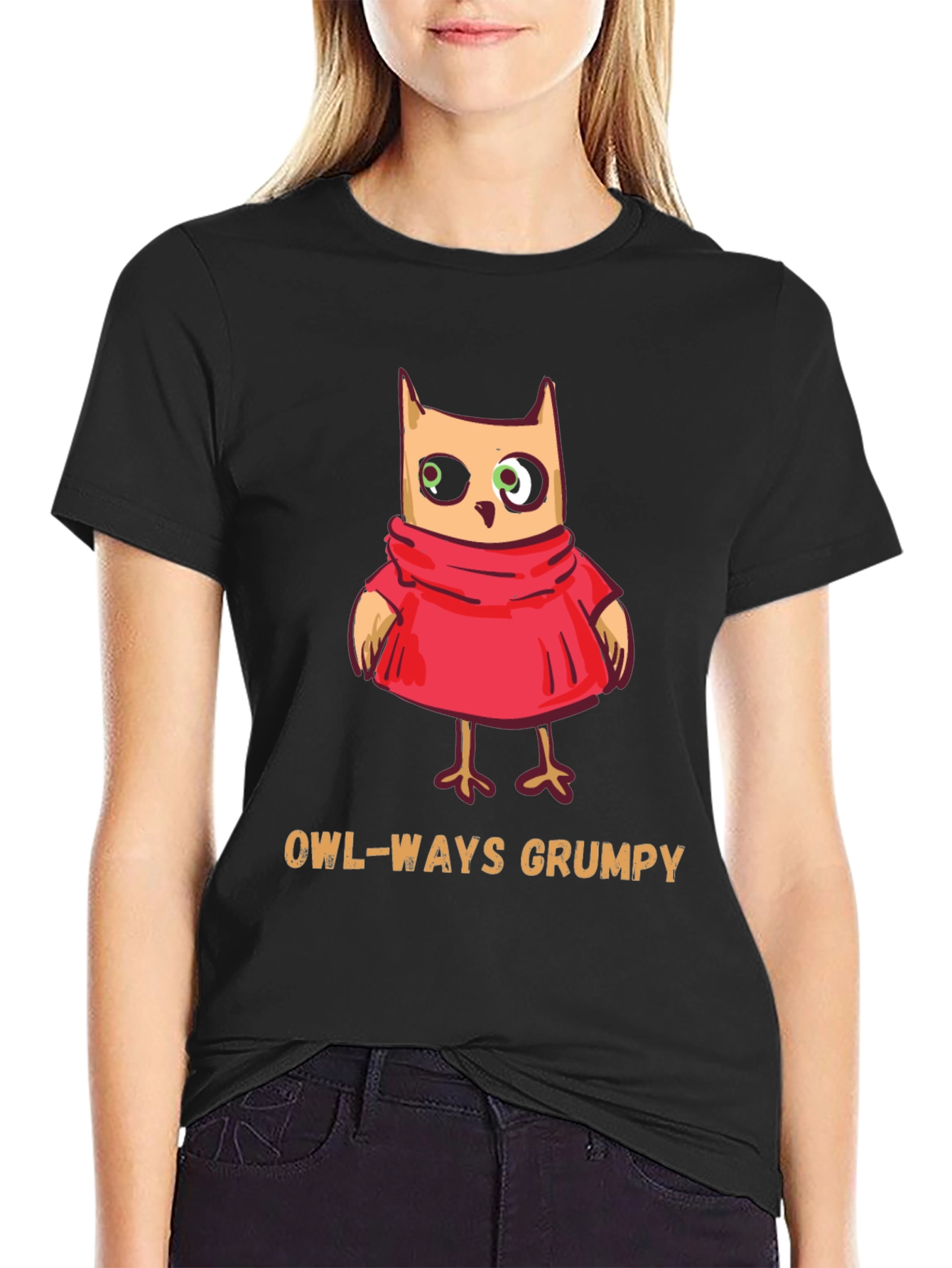Black Owl-Ways Grumpy T-Shirt - Funny Cartoon Owl Tee view 2