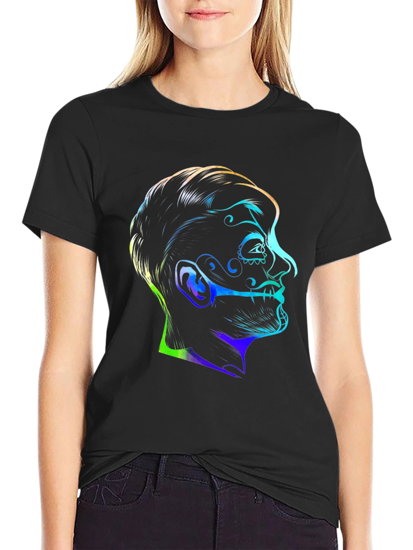 Black Colorful Sugar Skull Face Graphic Black T-Shirt view 2