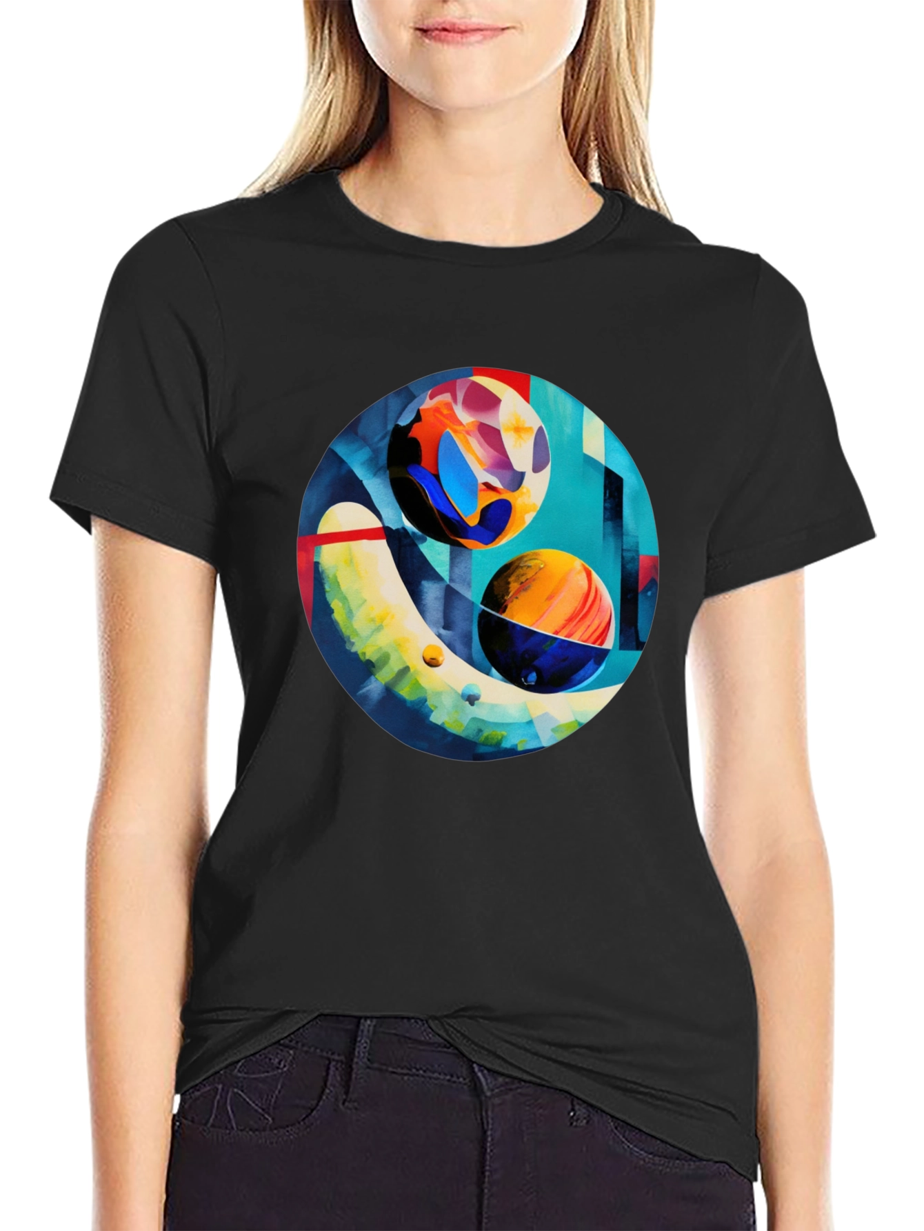 Black Abstract Planet Art Print Black T-Shirt view 2
