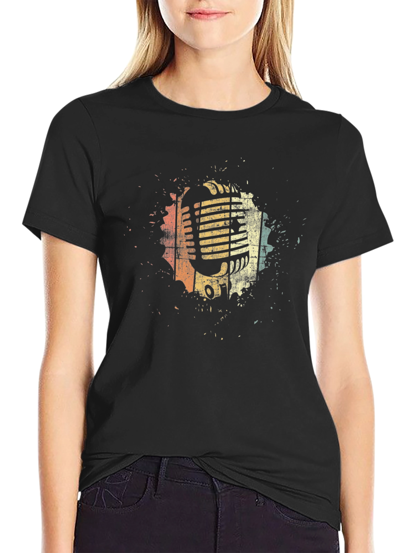 Black Vintage Microphone Graphic T-Shirt view 2