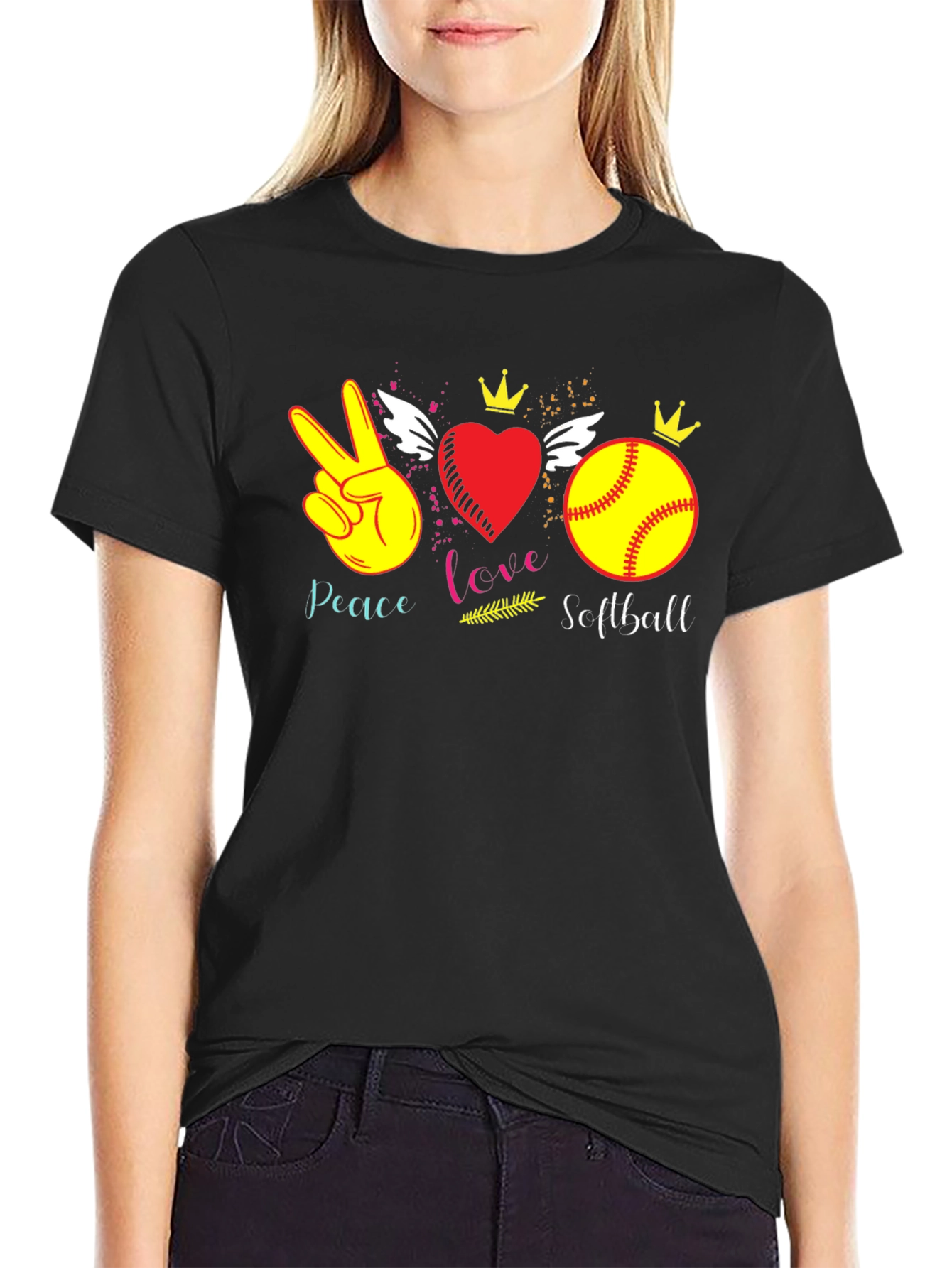 Black Peace Love Softball T-Shirt view 2