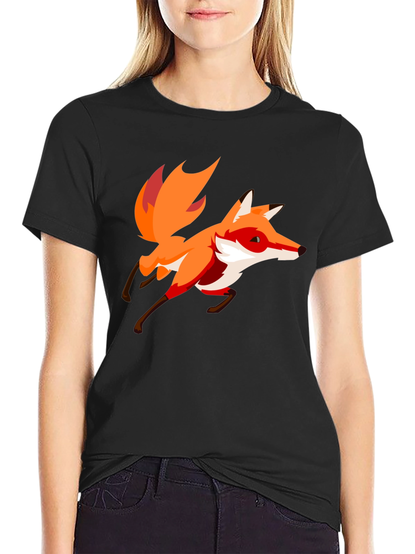 Black Cartoon Fox Graphic Black T-Shirt view 2