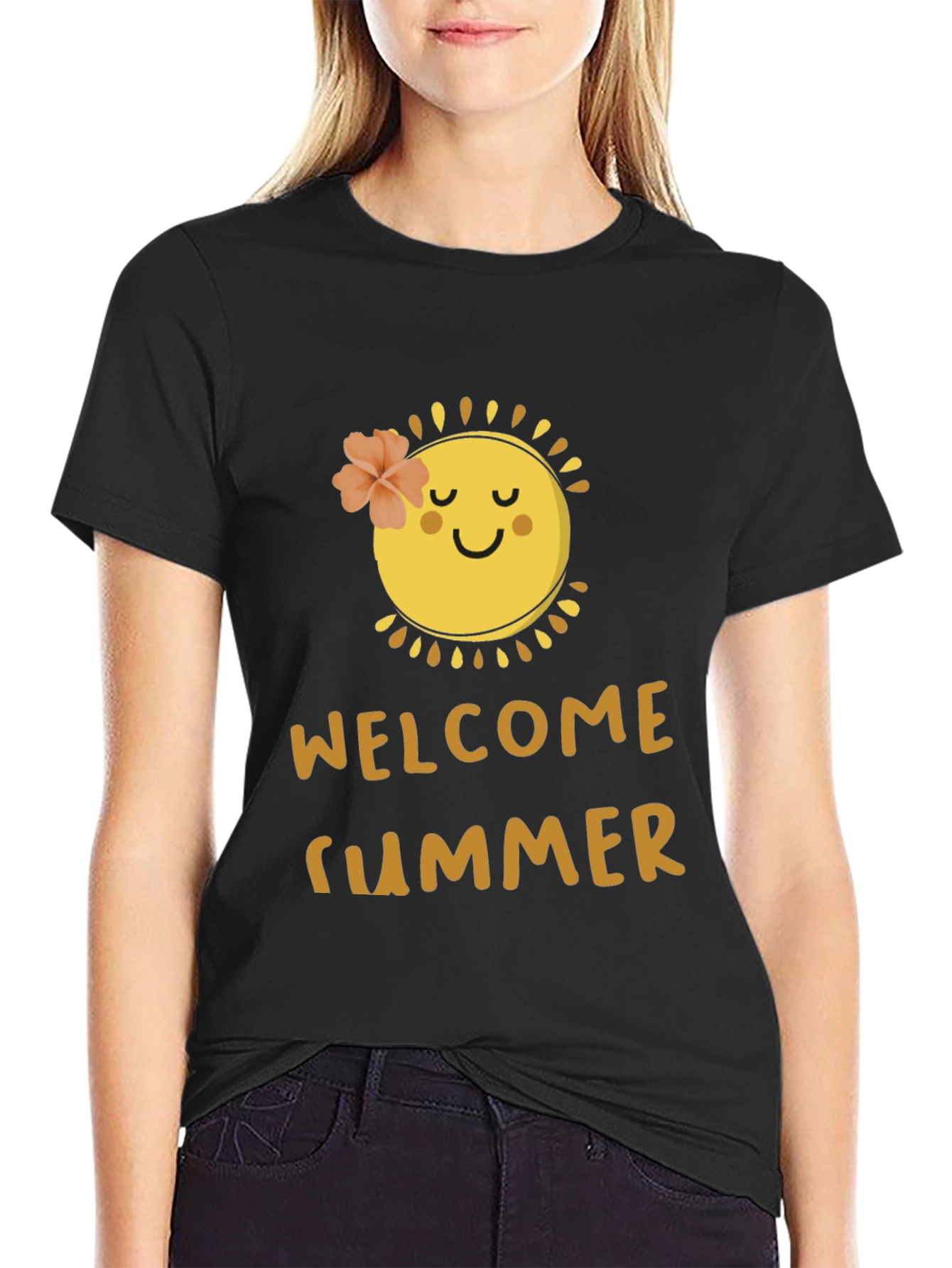 Black Welcome Summer Black T-Shirt with Sun Design view 2