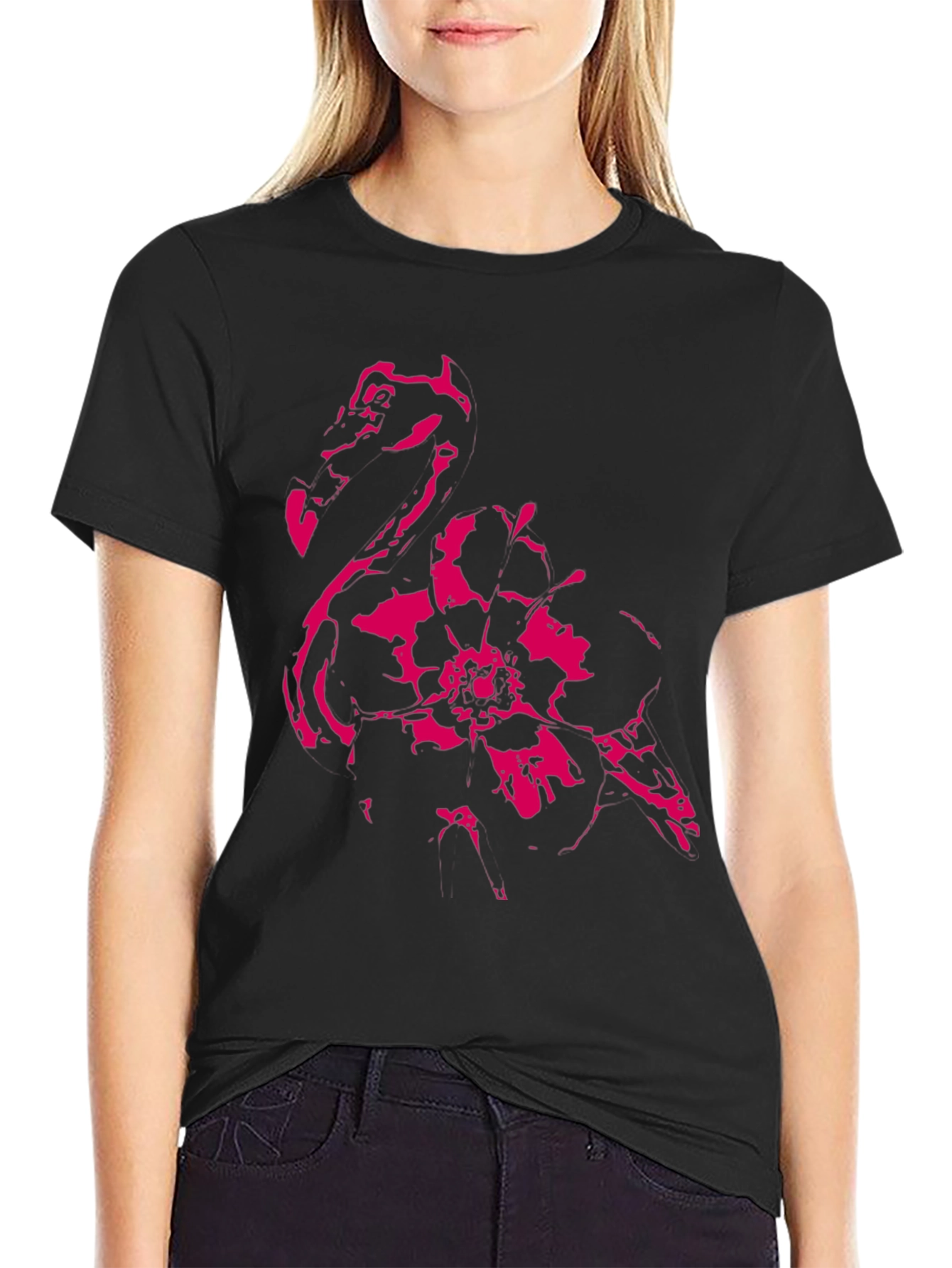 Black Flamingo Flower Graphic Tee - Stylish Casual Wear view 2