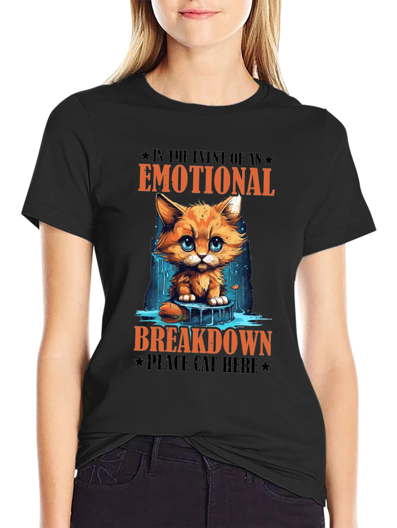 Black Emotional Breakdown Cat T-Shirt - Funny Graphic Tee view 2