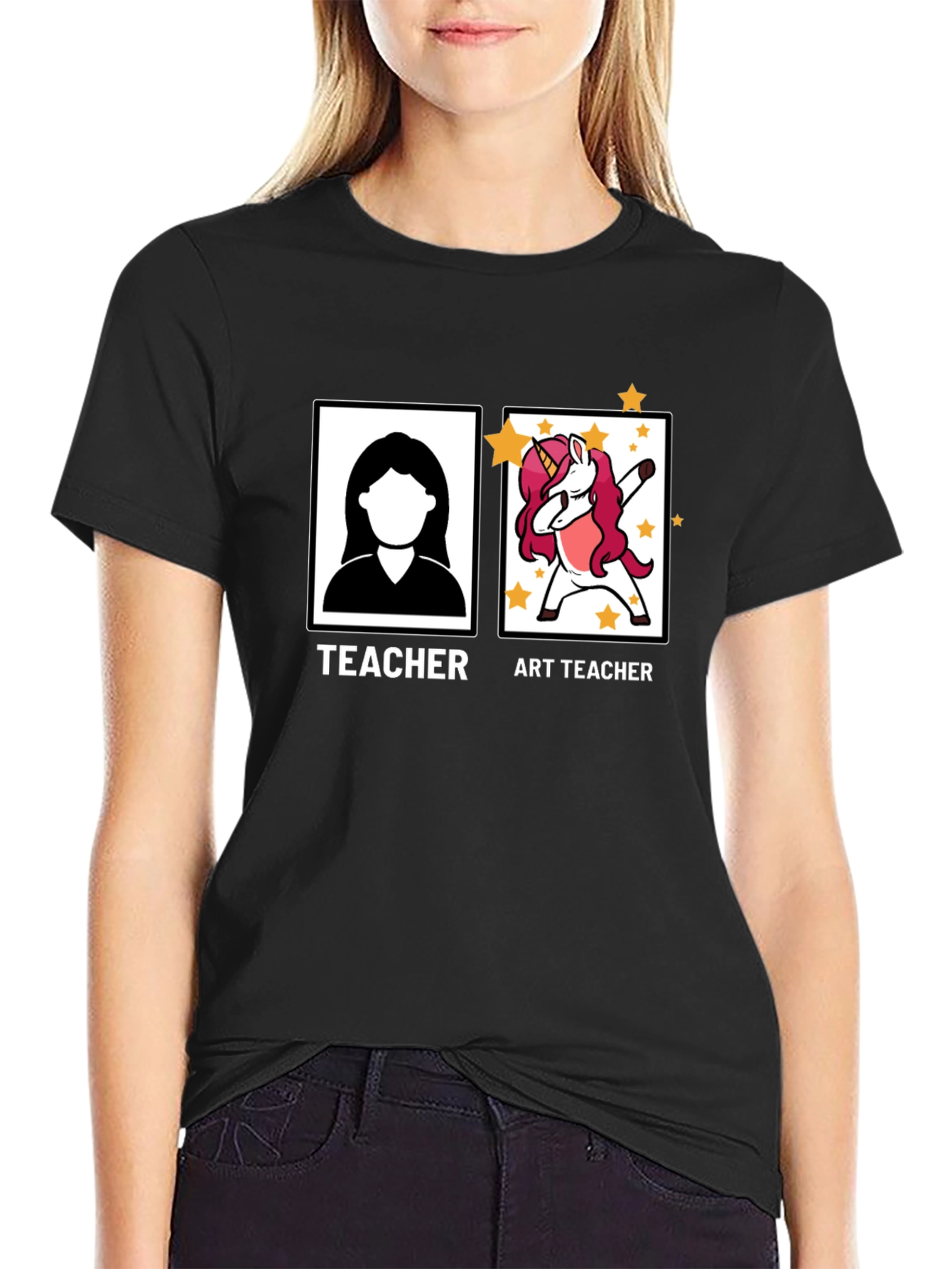 Black Art Teacher Unicorn Black T-Shirt view 2