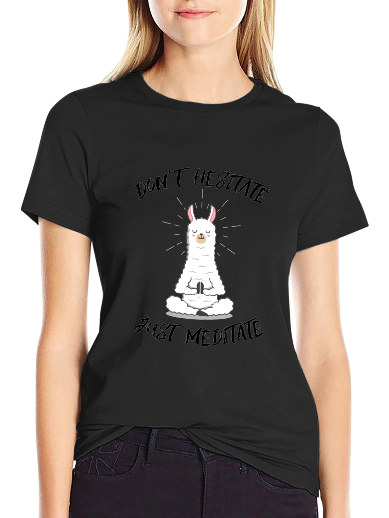 Black Meditating Llama Graphic Tee - Don't Hesitate, Just Meditate view 2