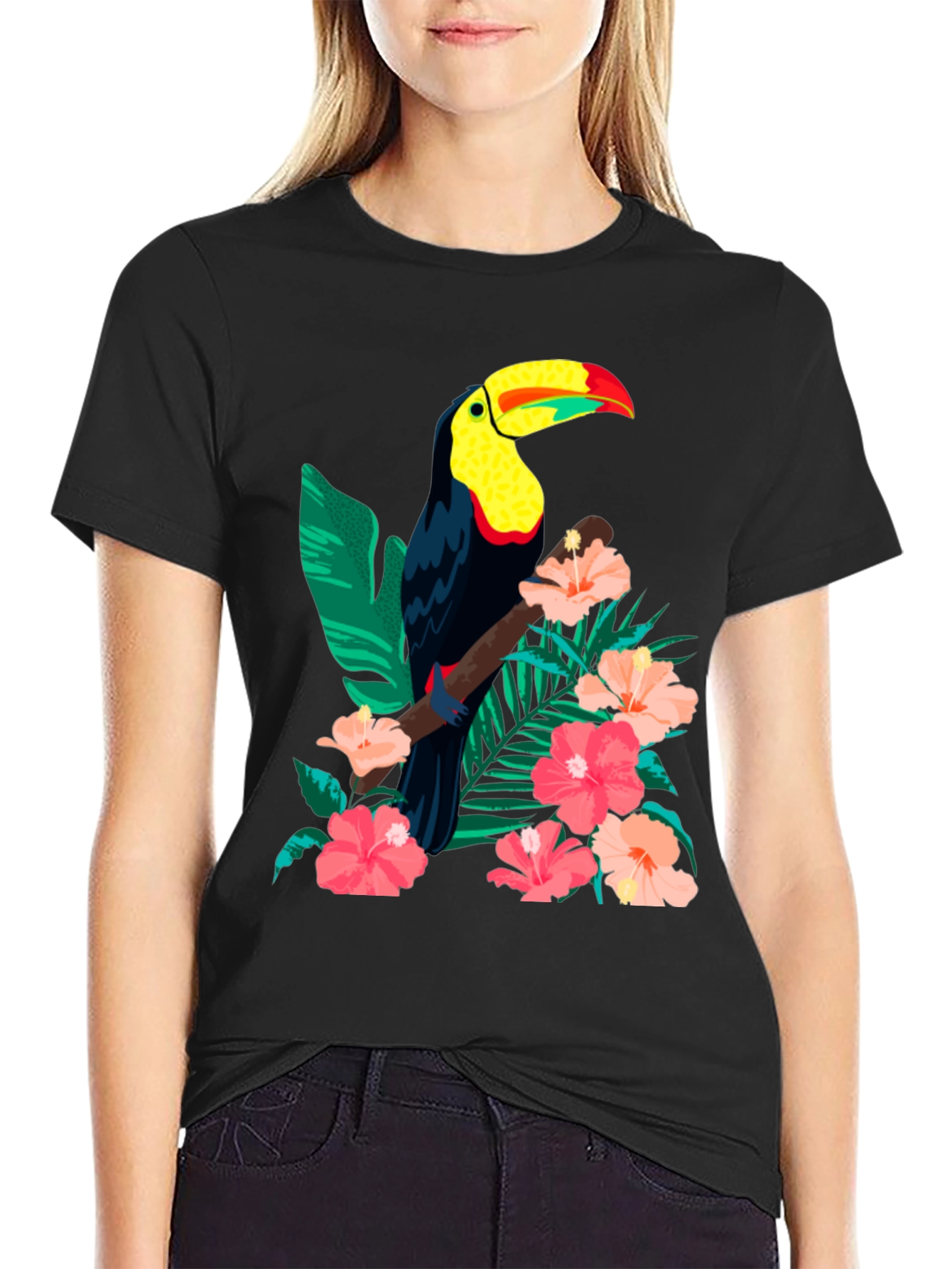 Black Toucan & Floral Print Black T-Shirt view 2