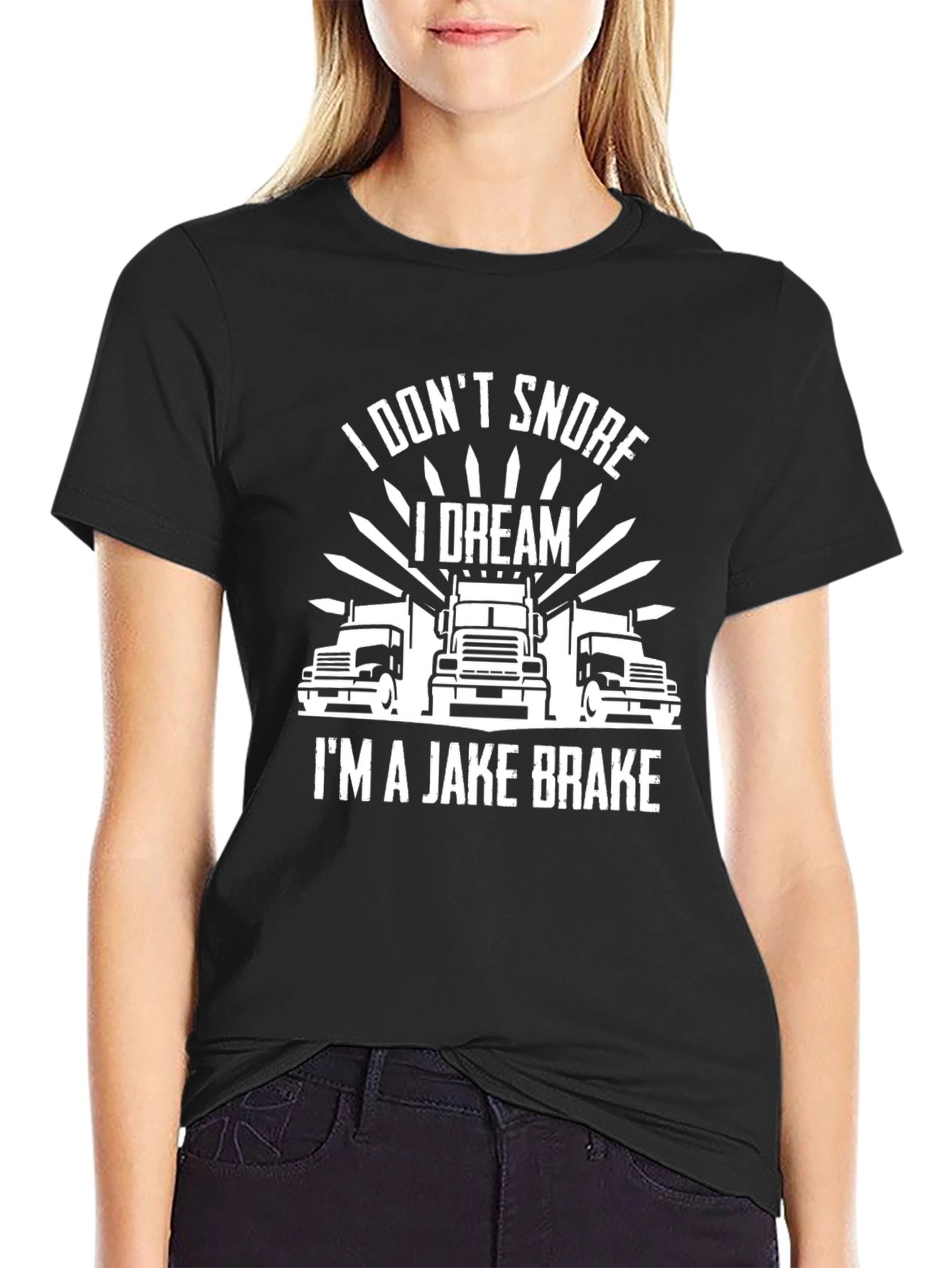 Black Trucker Humor T-Shirt: I Don't Snore, I Dream I'm a Jake Brake! view 2