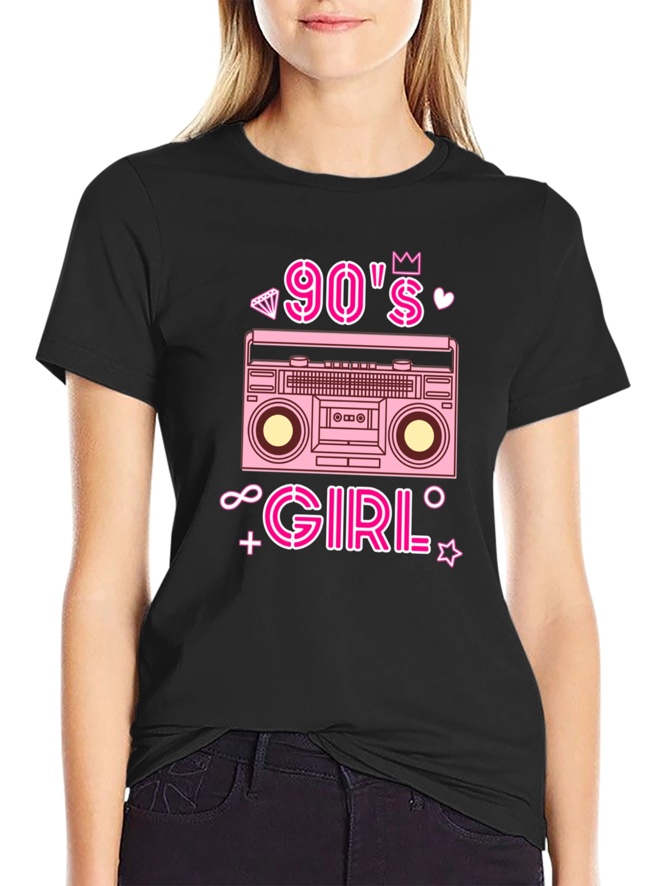 Black 90s Girl Retro Boombox Graphic Tee - Black T-Shirt view 2