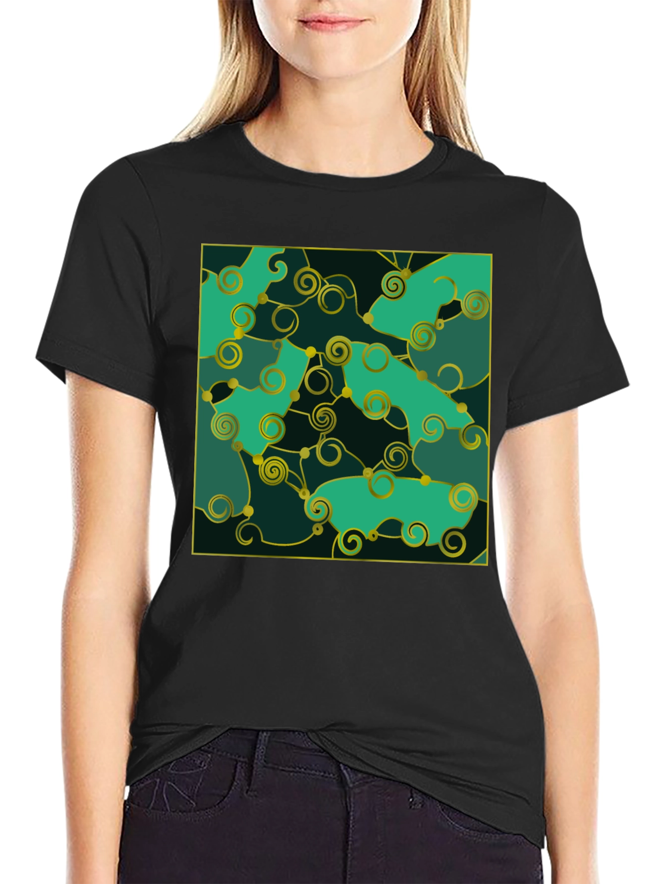 Black Emerald Green Swirls Tee view 2