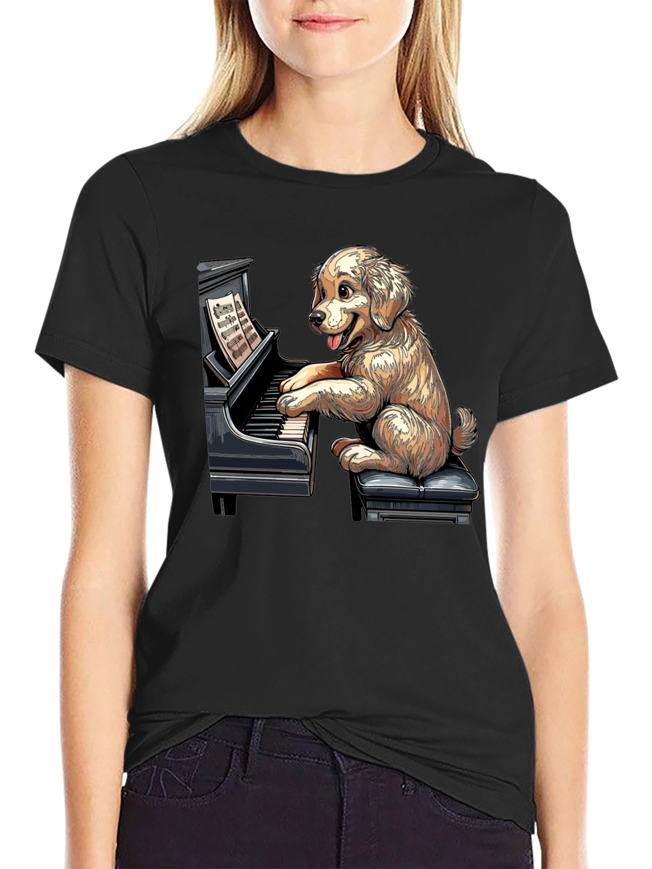 Black Dog Playing Piano Graphic Tee - Unisex Black T-Shirt view 2
