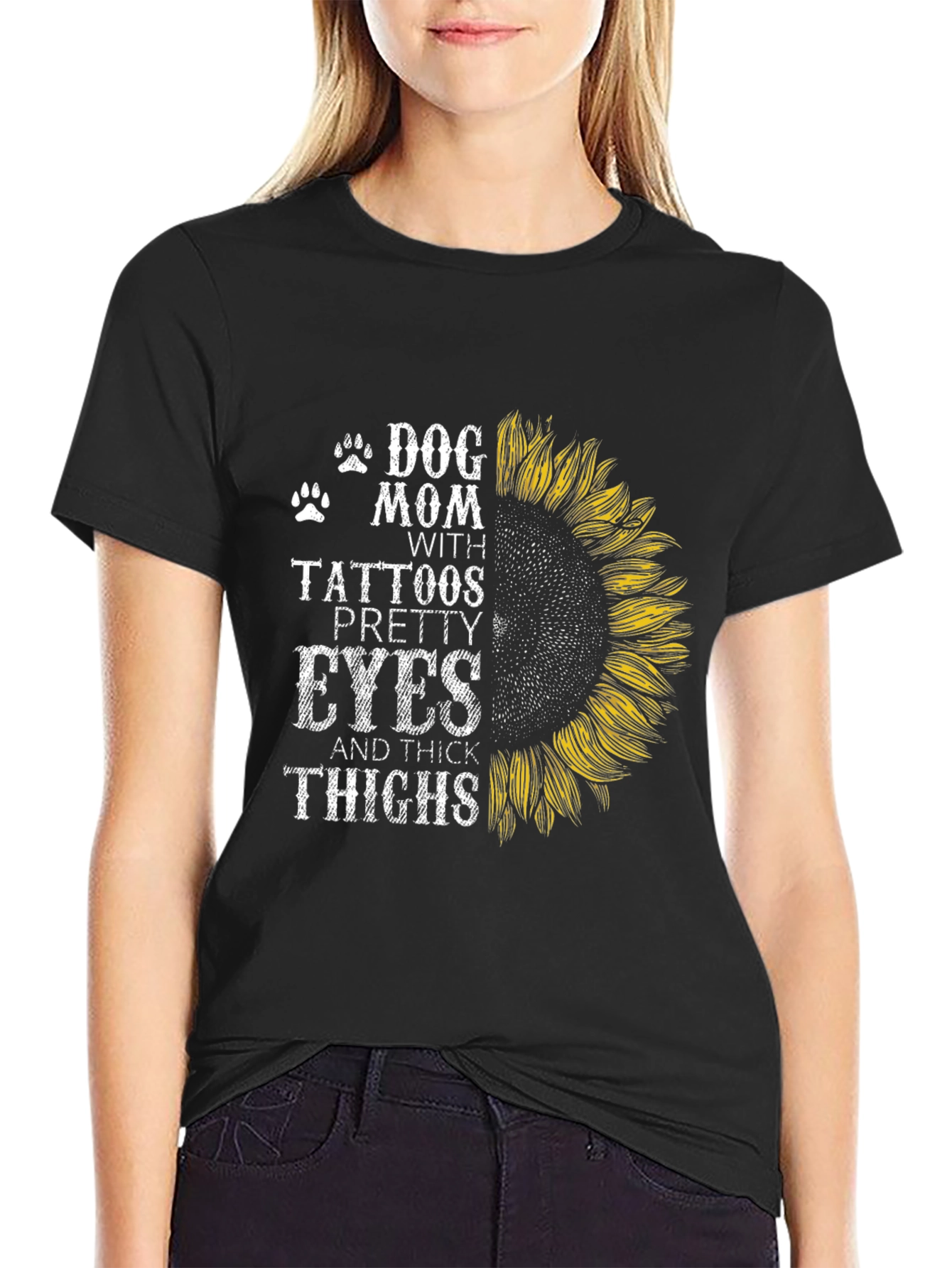Black Dog Mom Tattoo Sunflower Graphic T-Shirt view 2