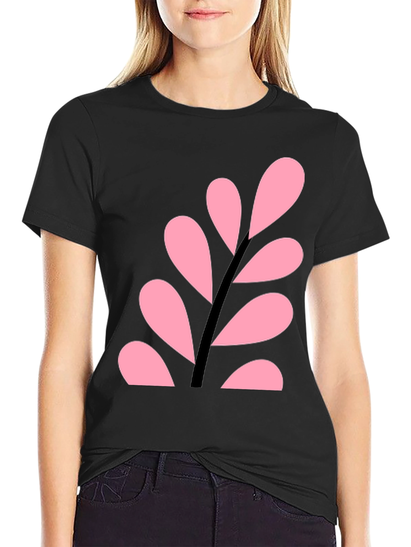 Black Pink Leaf Design Black T-Shirt view 2