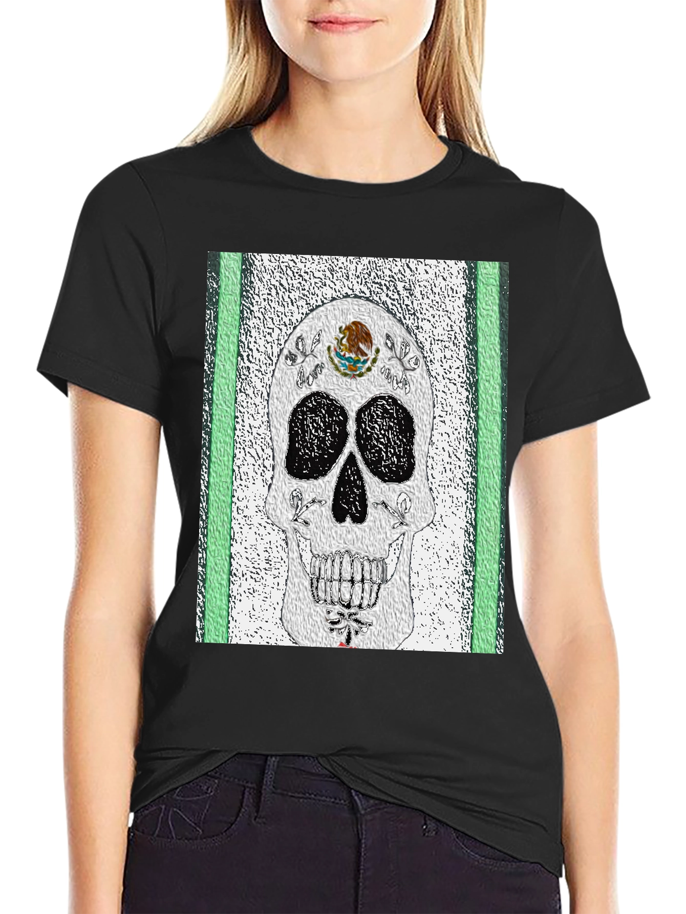 Black Mexican Flag Sugar Skull T-Shirt view 2