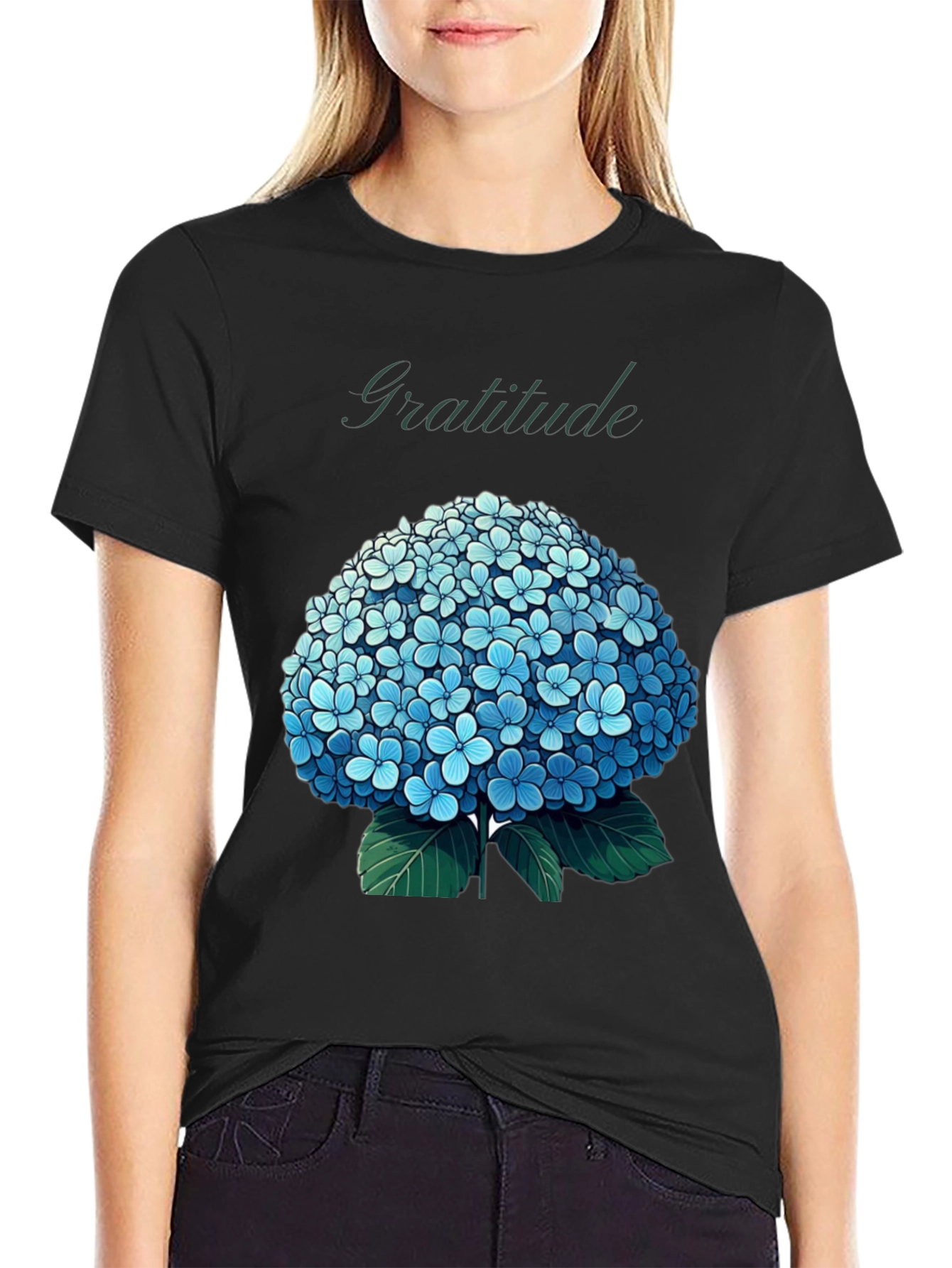 Black Gratitude Hydrangea Graphic Tee - Black view 2