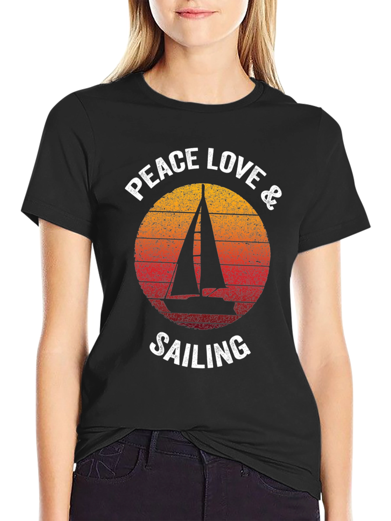 Black Peace Love & Sailing T-Shirt Vintage Graphic Tee view 2