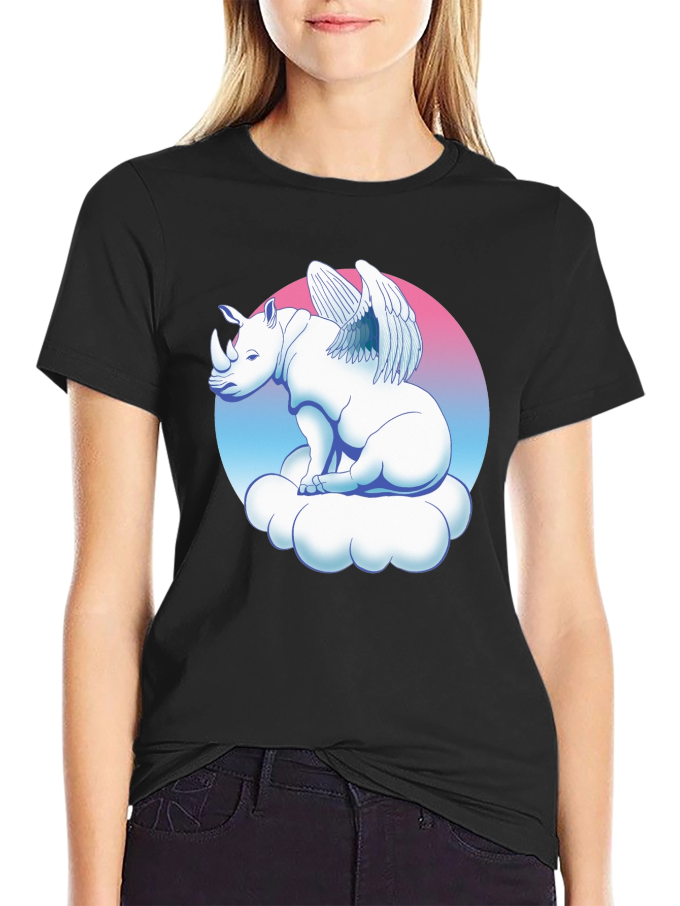 Black Winged Rhino on Cloud Graphic Tee - Black view 2