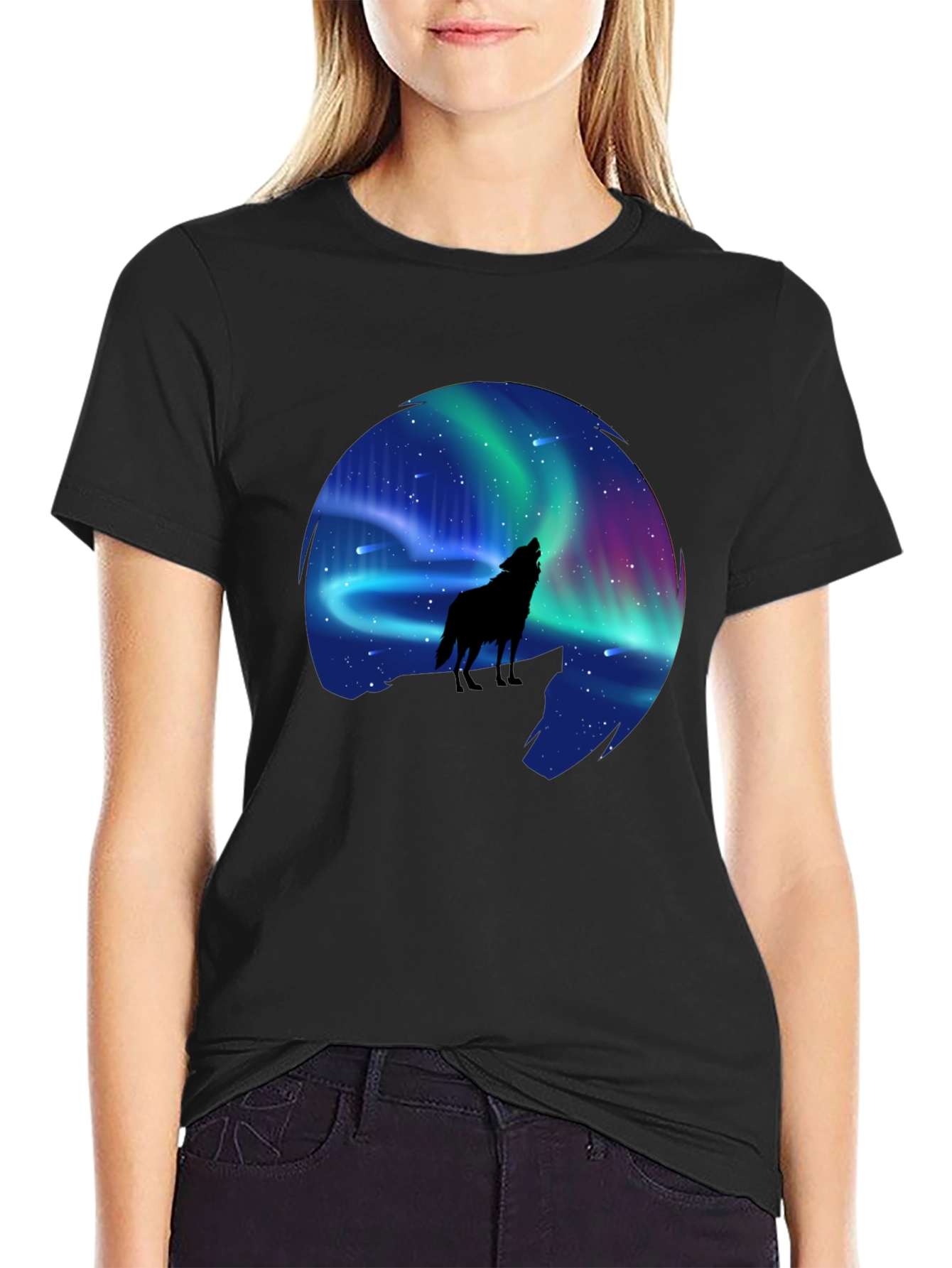 Black Wolf Aurora Borealis Graphic T-Shirt view 2