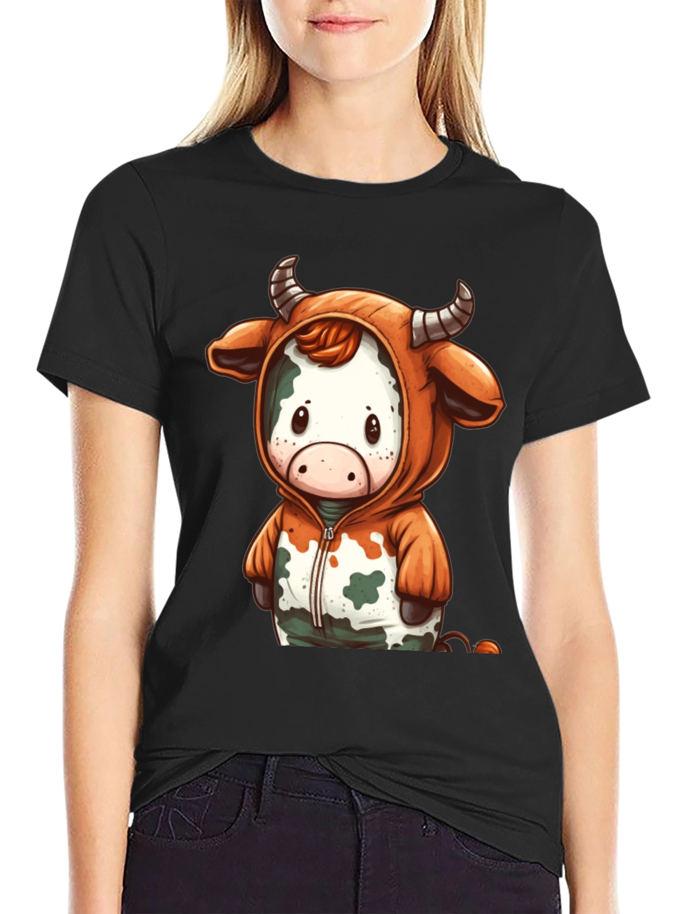 Black Cute Cow Hoodie T-Shirt view 2