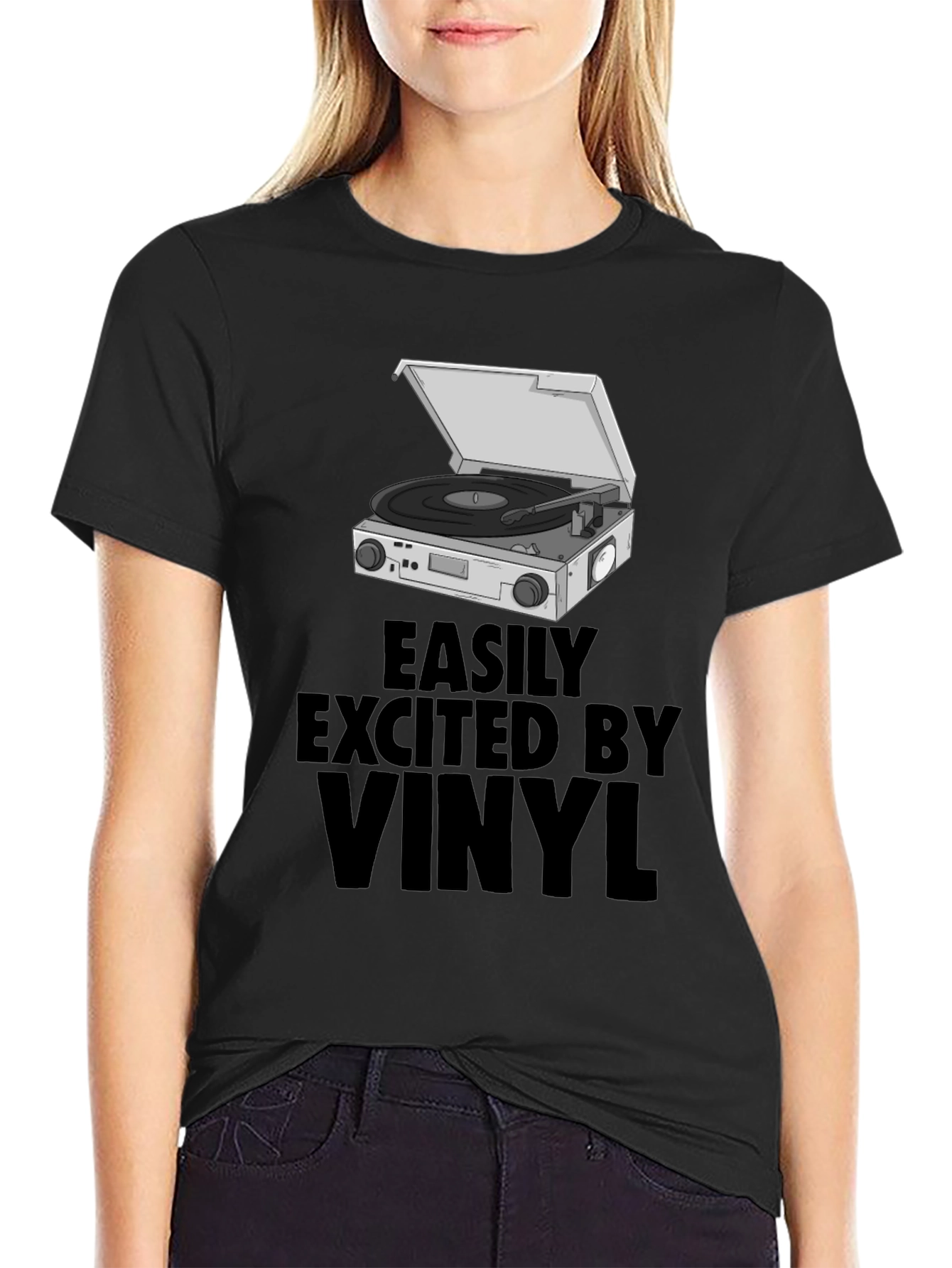 Black Vinyl Record Player T-Shirt - Easily Excited view 2