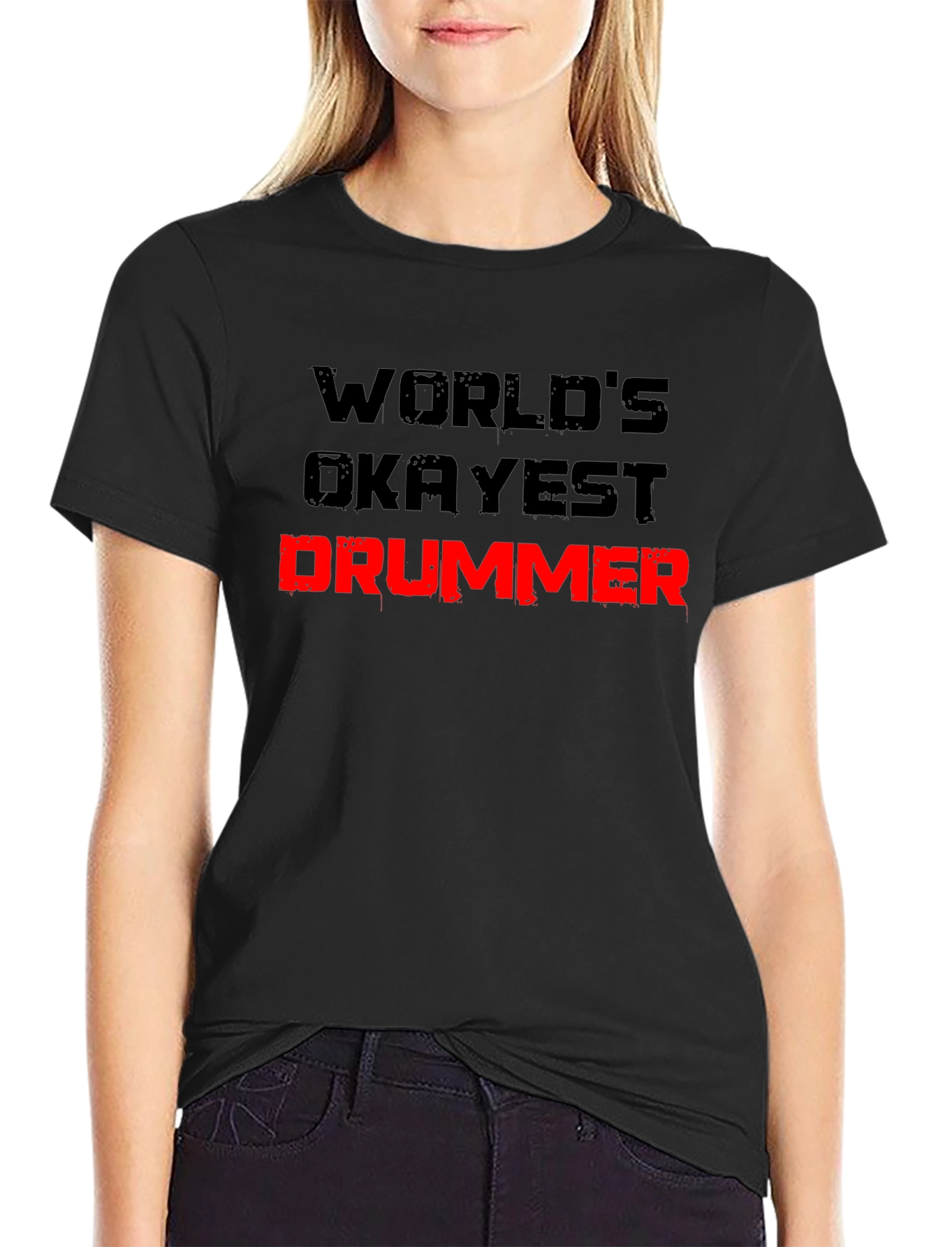 Black World's Okayest Drummer Black T-Shirt view 2