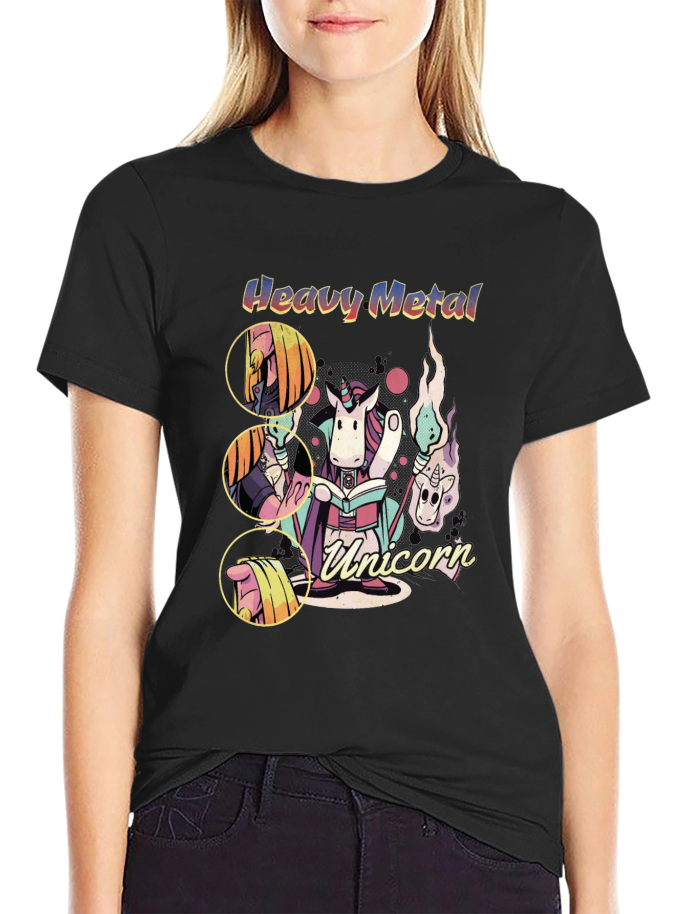 Black Heavy Metal Unicorn Graphic T-Shirt view 2