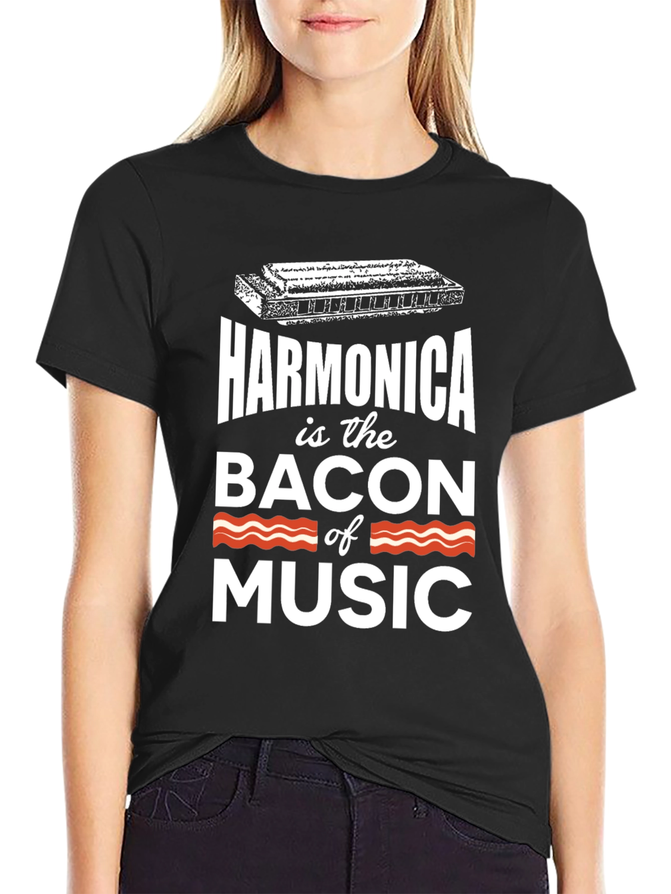 Black Harmonica is the Bacon of Music T-Shirt view 2