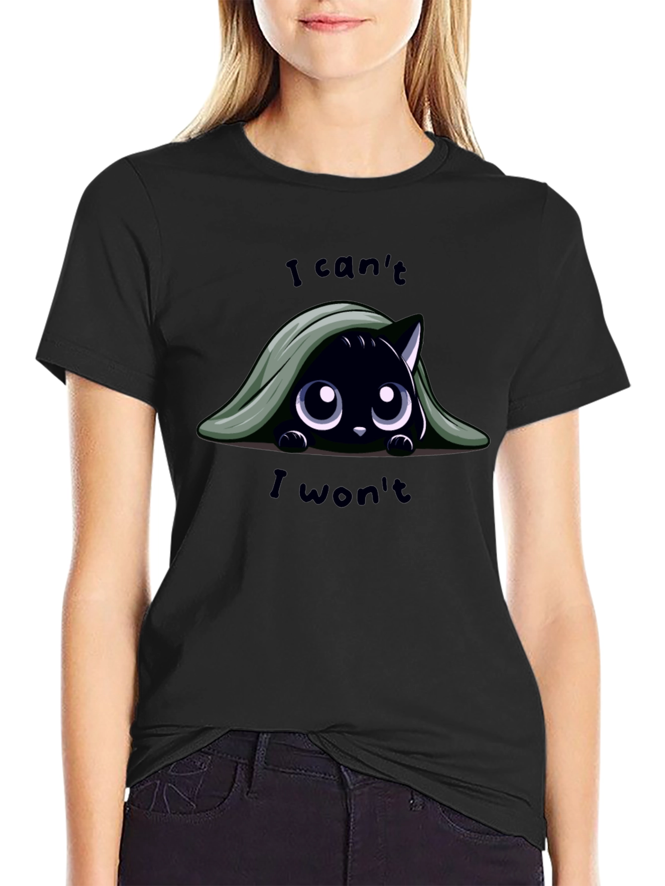 Black Cute Cat T-Shirt - I Can't, I Won't view 2
