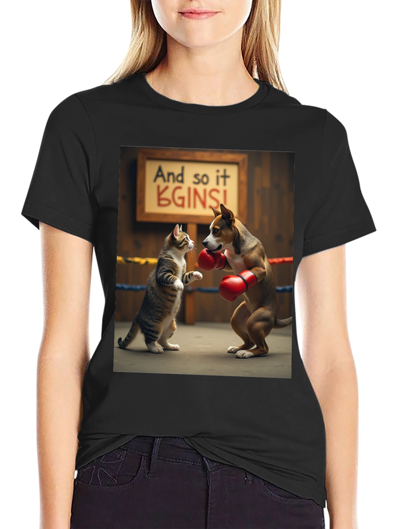 Black Boxing Cat and Dog Graphic Tee view 2
