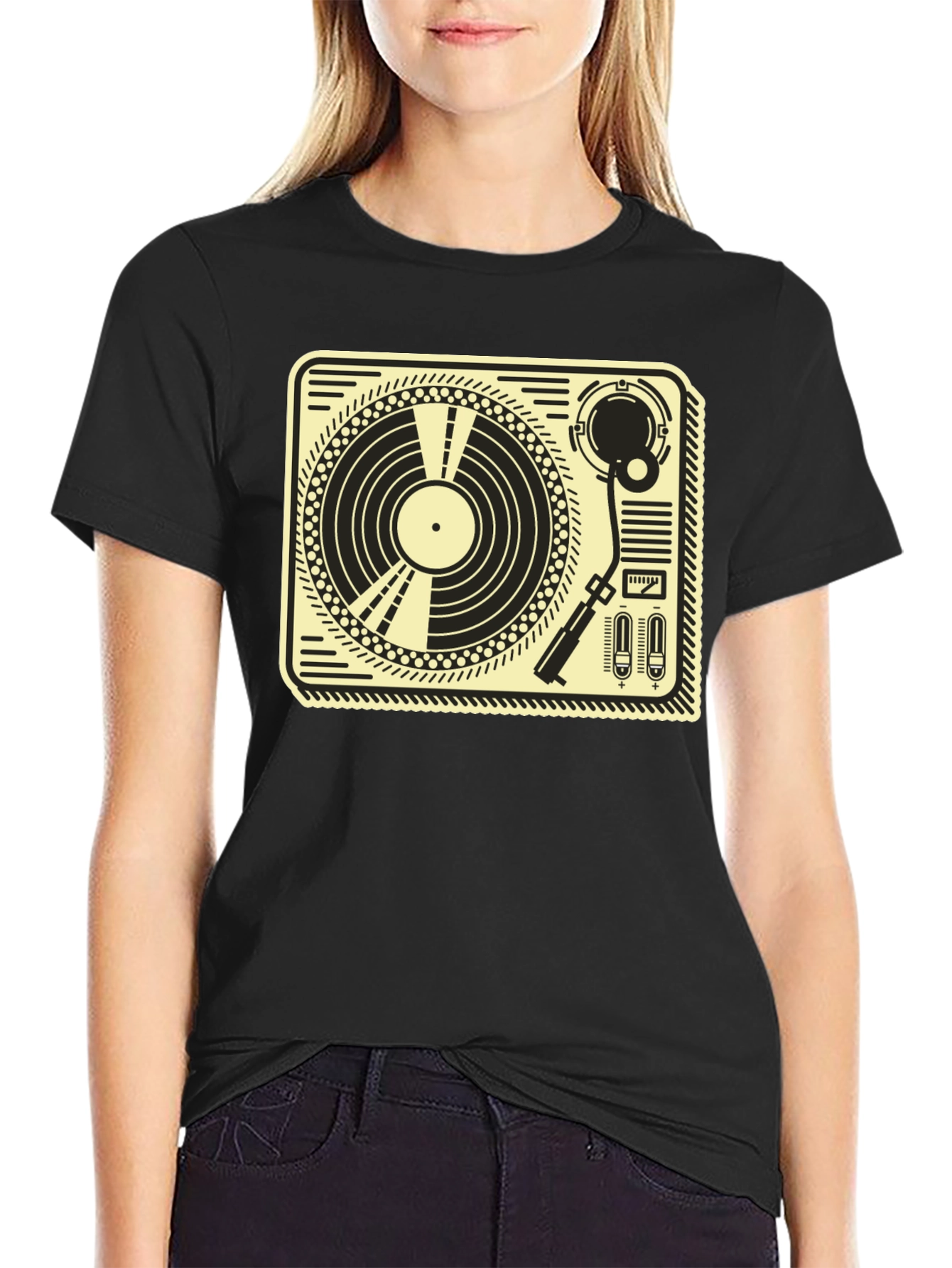 Black Retro Turntable Graphic Tee - Black Cotton T-Shirt view 2