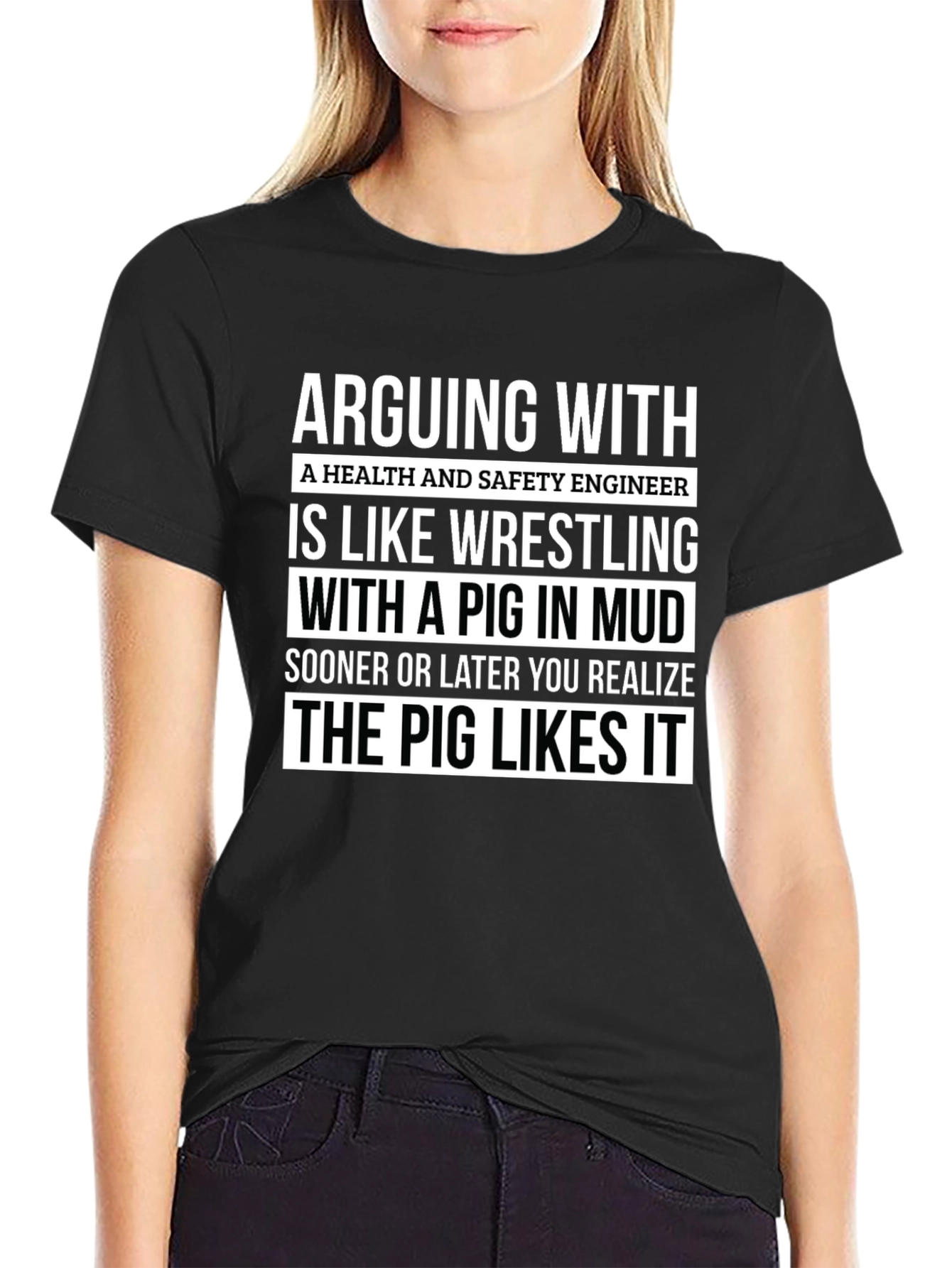 Black Health & Safety Engineer Pig in Mud T-Shirt view 2