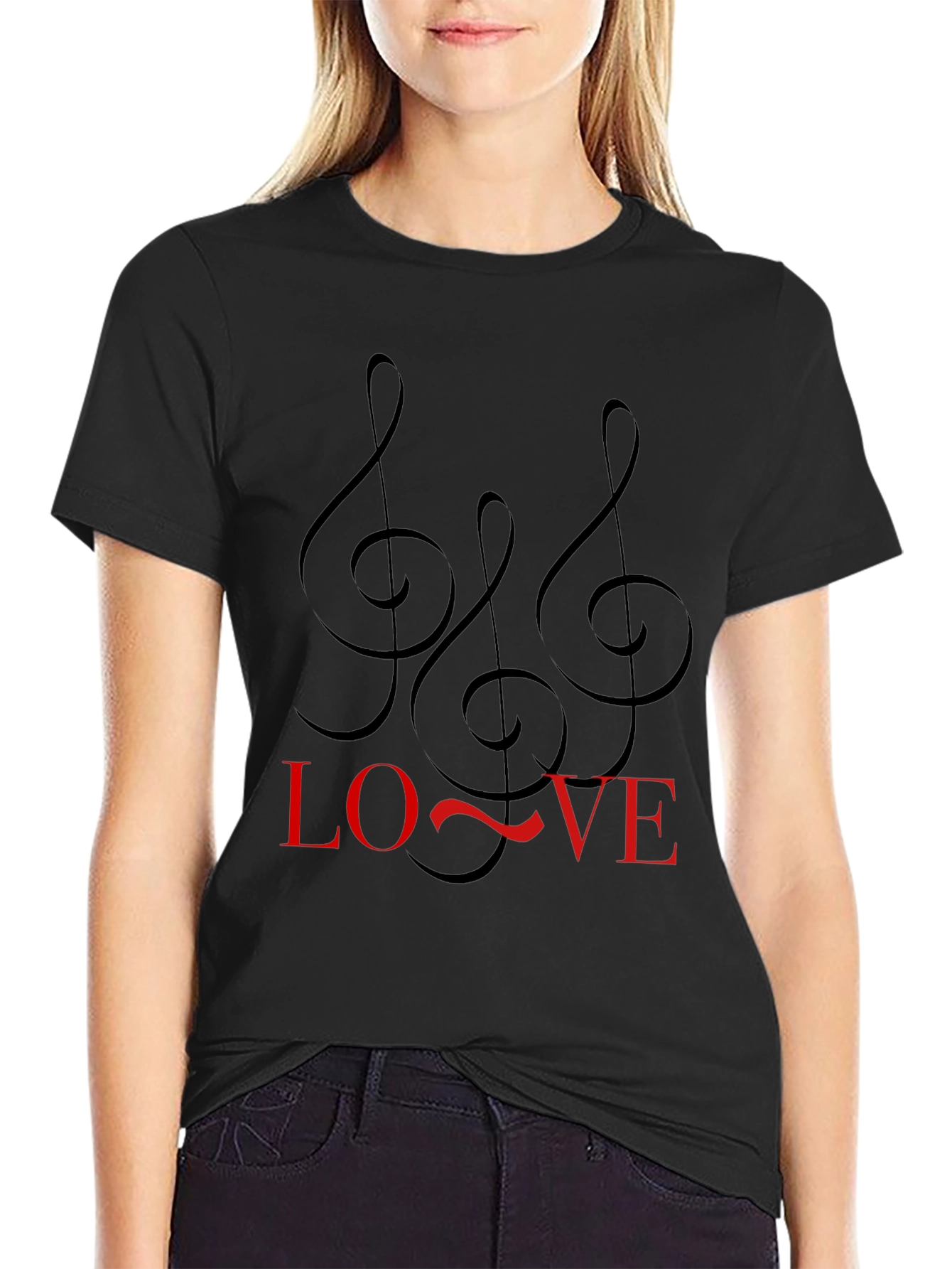 Black Music Lover Black Tee with Treble Clef Design view 2