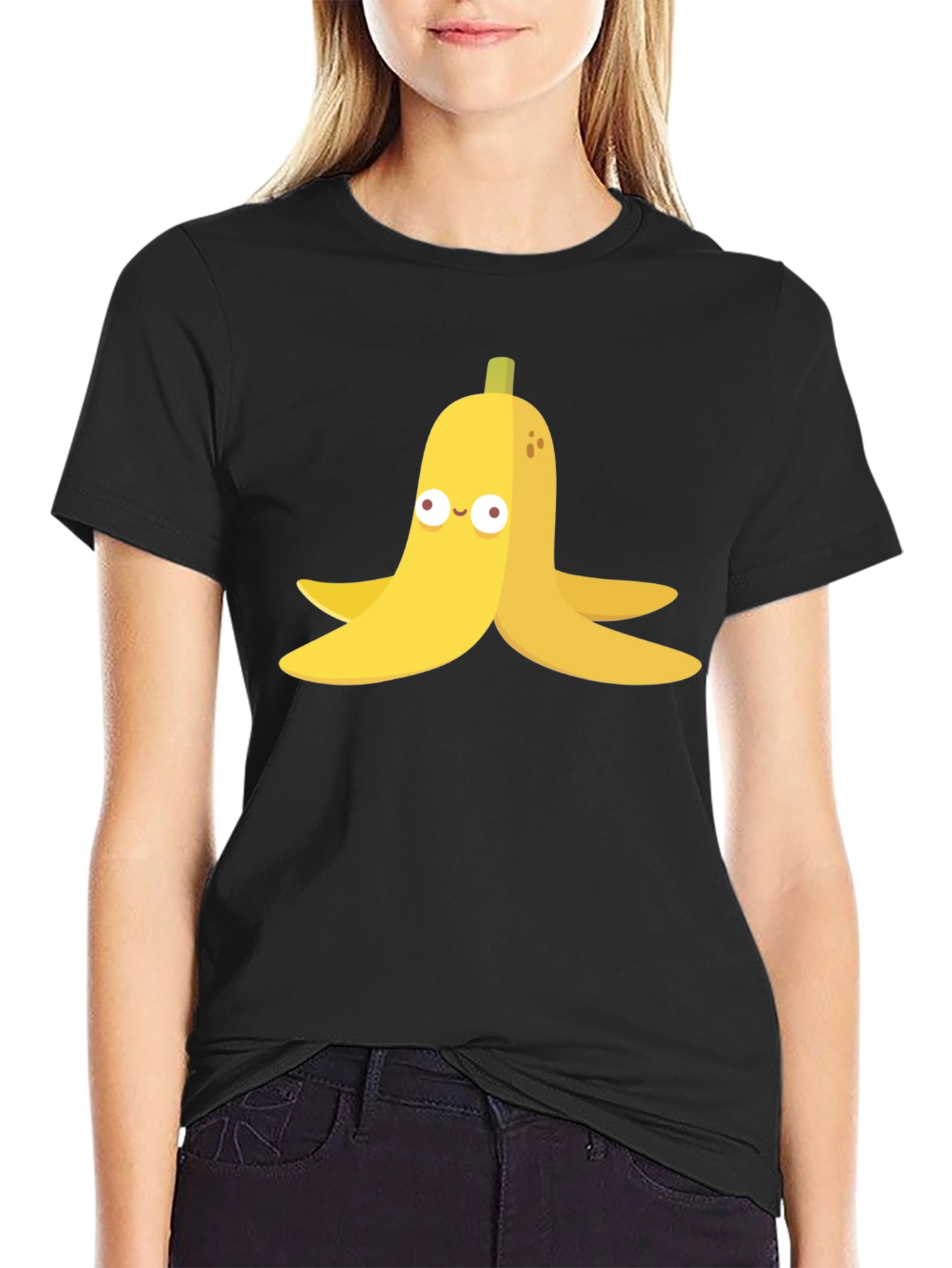 Black Banana Peel Cartoon Graphic Black T-Shirt view 2