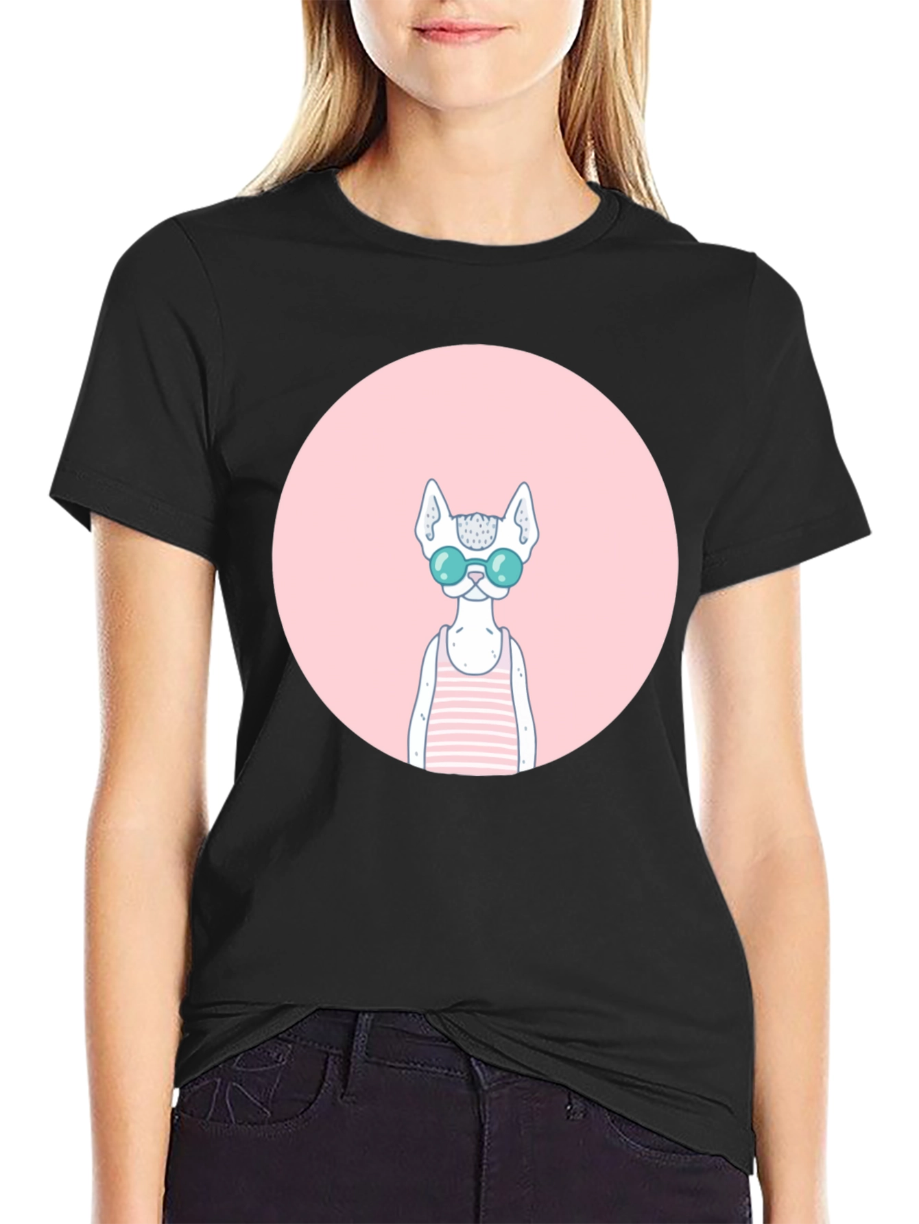 Black Cool Cat Graphic Tee - Black Cotton Blend view 2