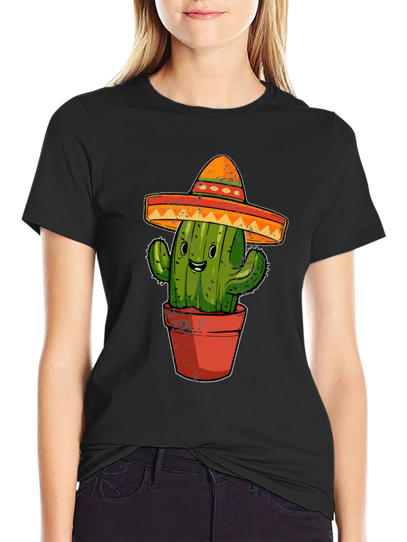 Black Cactus Sombrero Graphic Tee - Black Cotton T-Shirt view 2