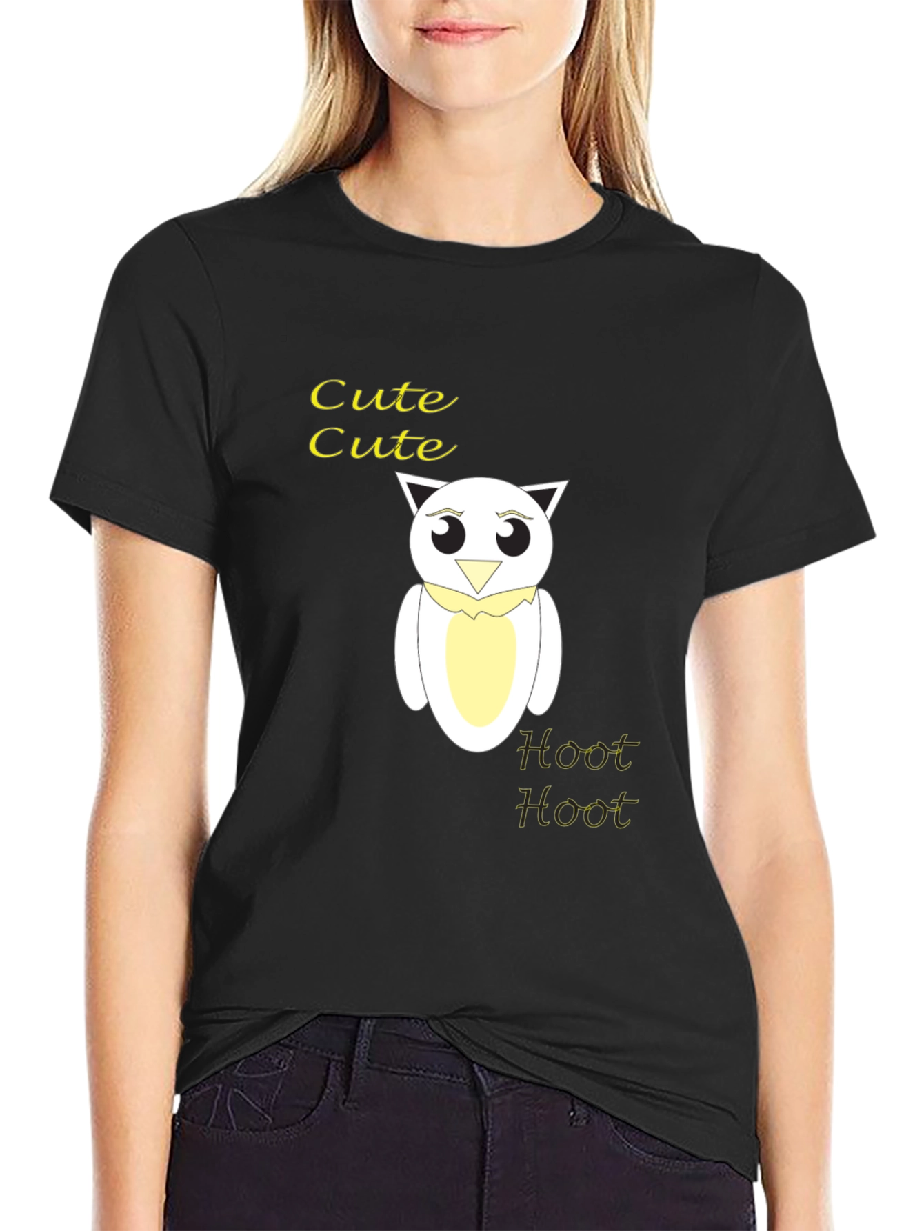 Black Cute Owl Graphic Tee - Black Cotton Blend T-Shirt view 2