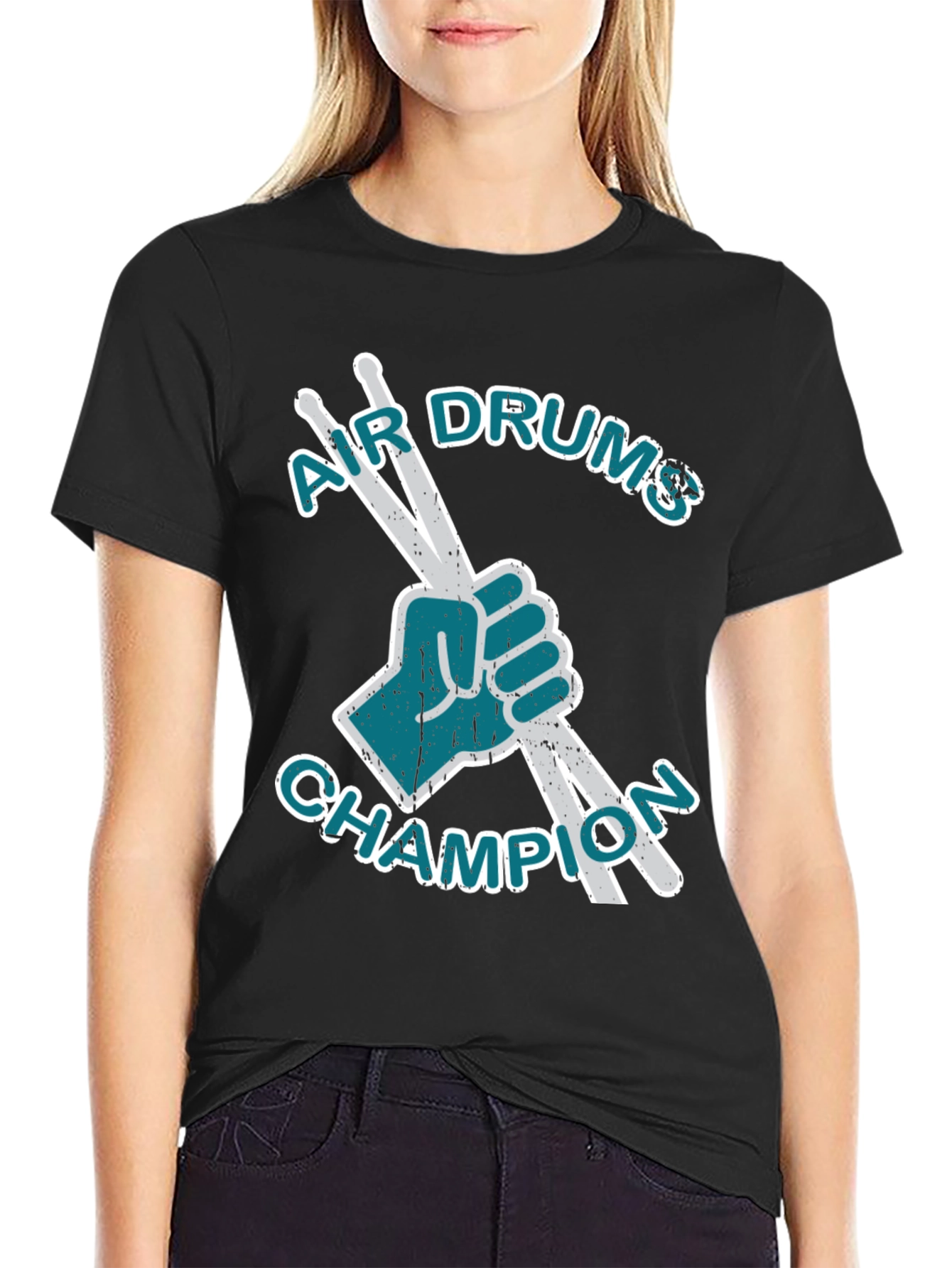 Black Air Drums Champion Graphic Tee - Black Cotton T-Shirt view 2