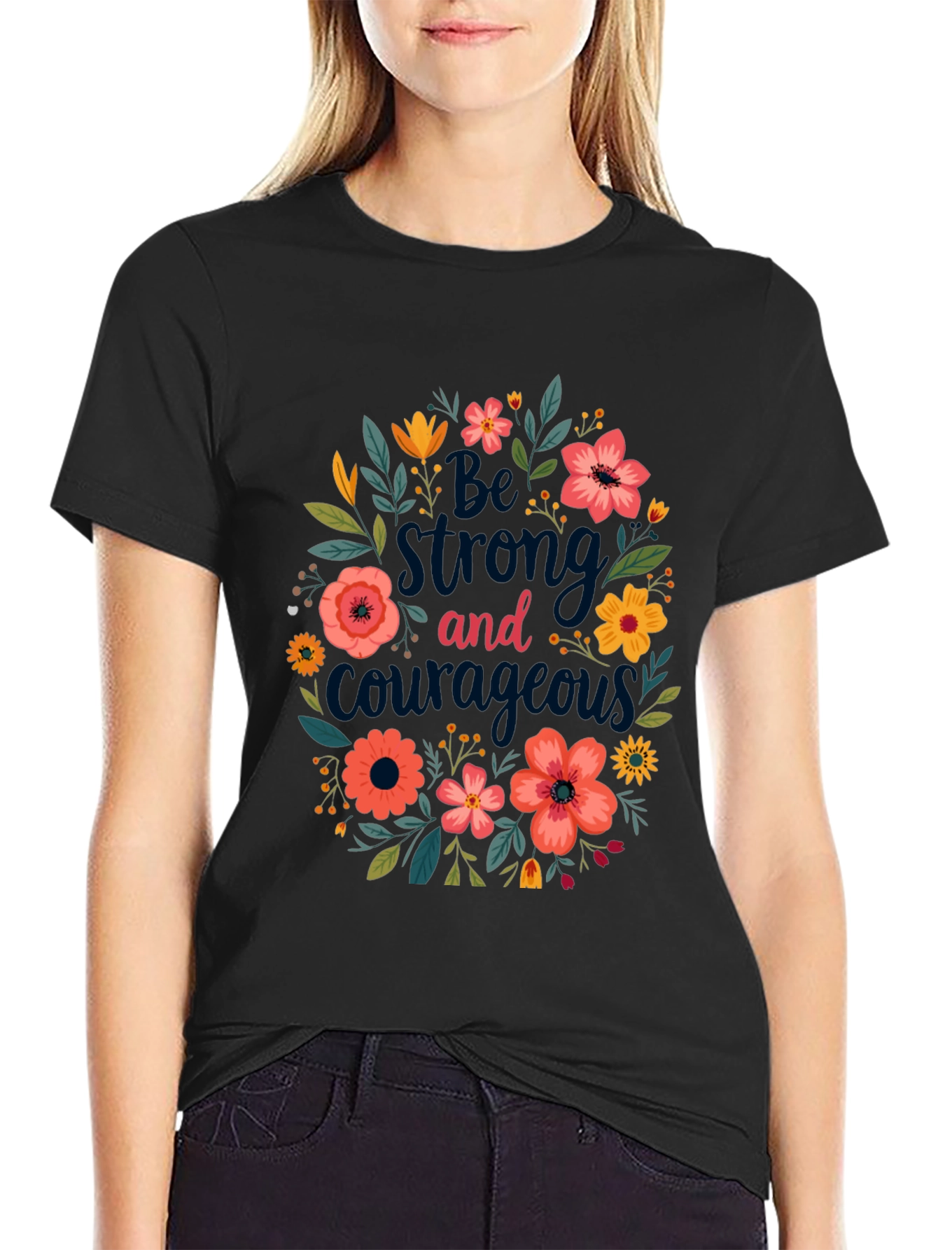 Black Floral 'Be Strong and Courageous' Graphic Tee - Black view 2