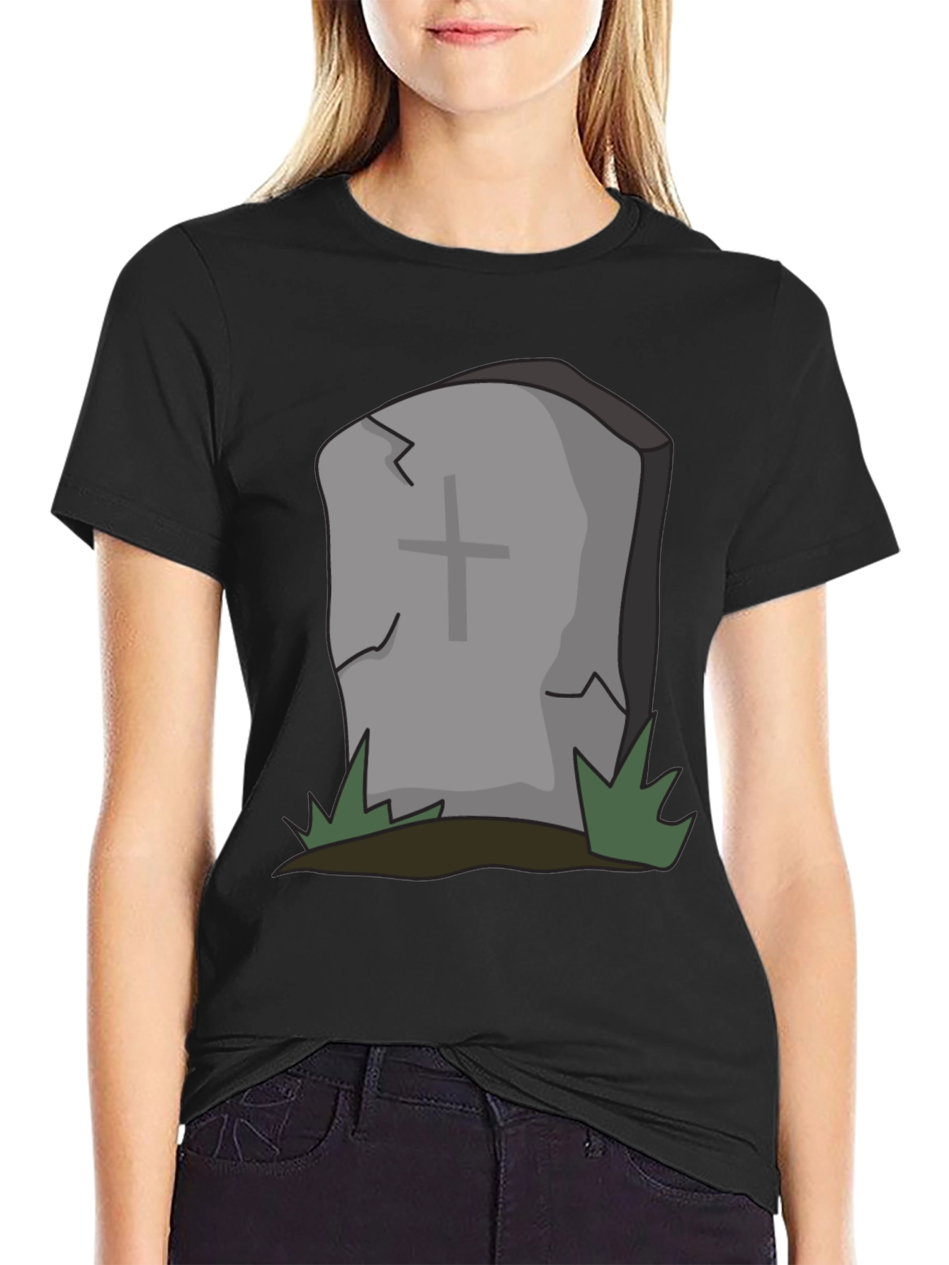 Black Cartoon Tombstone Graphic Tee - Spooky Style view 2