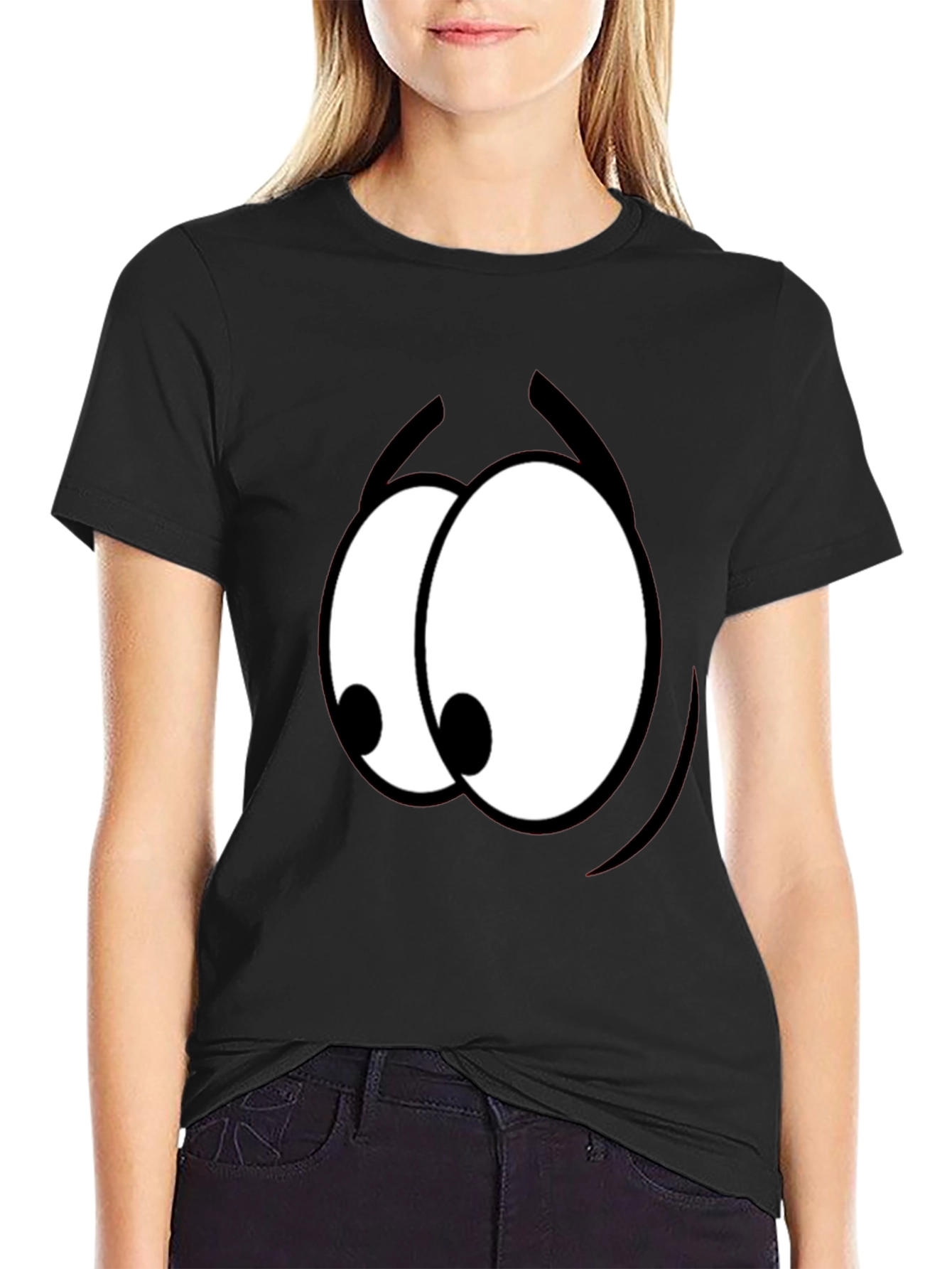 Black Funny Cartoon Eyes Graphic Black T-Shirt view 2