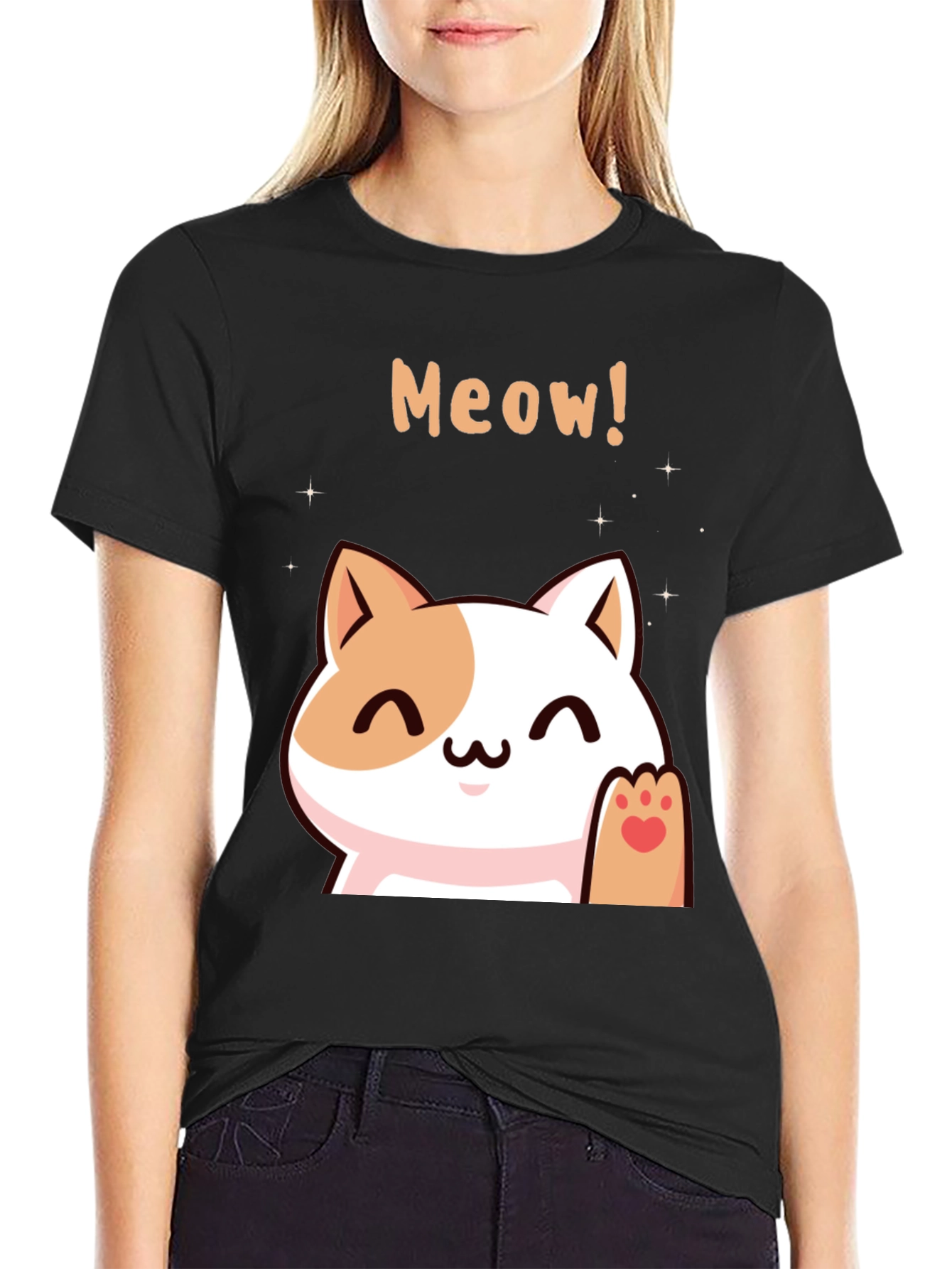 Black Cute Meow Cat Black T-Shirt view 2