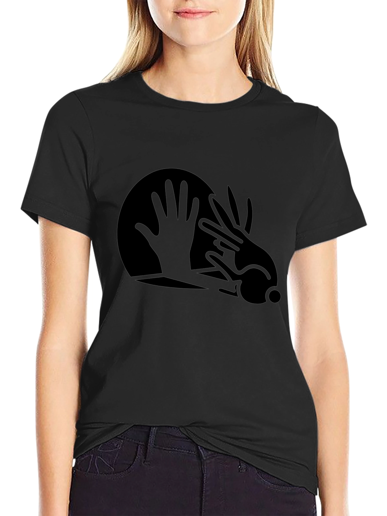 Black Abstract Hand Rabbit Graphic Black T-Shirt view 2