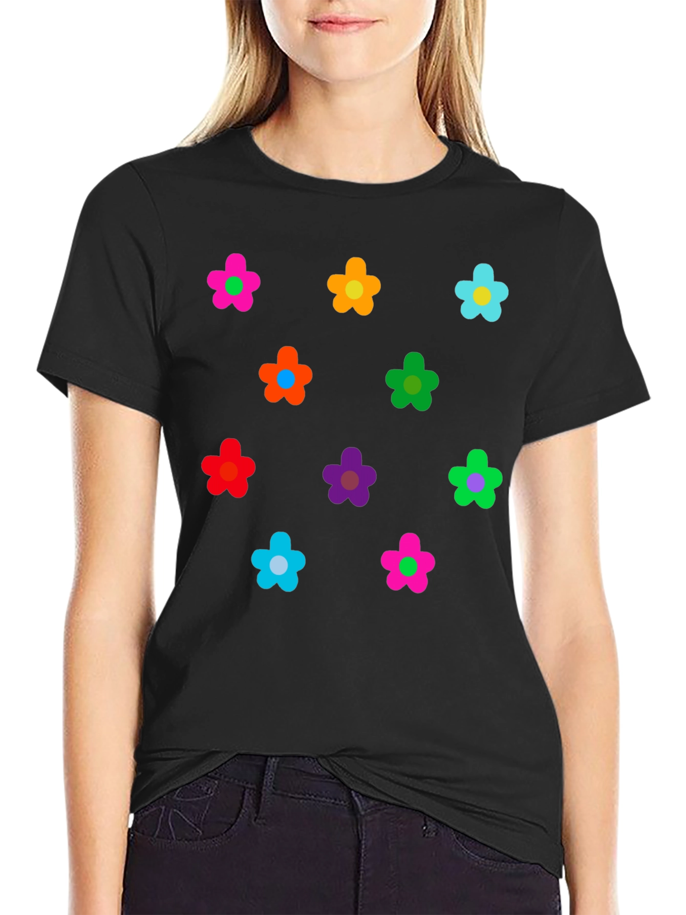 Black Colorful Flower Pattern Black T-Shirt view 2
