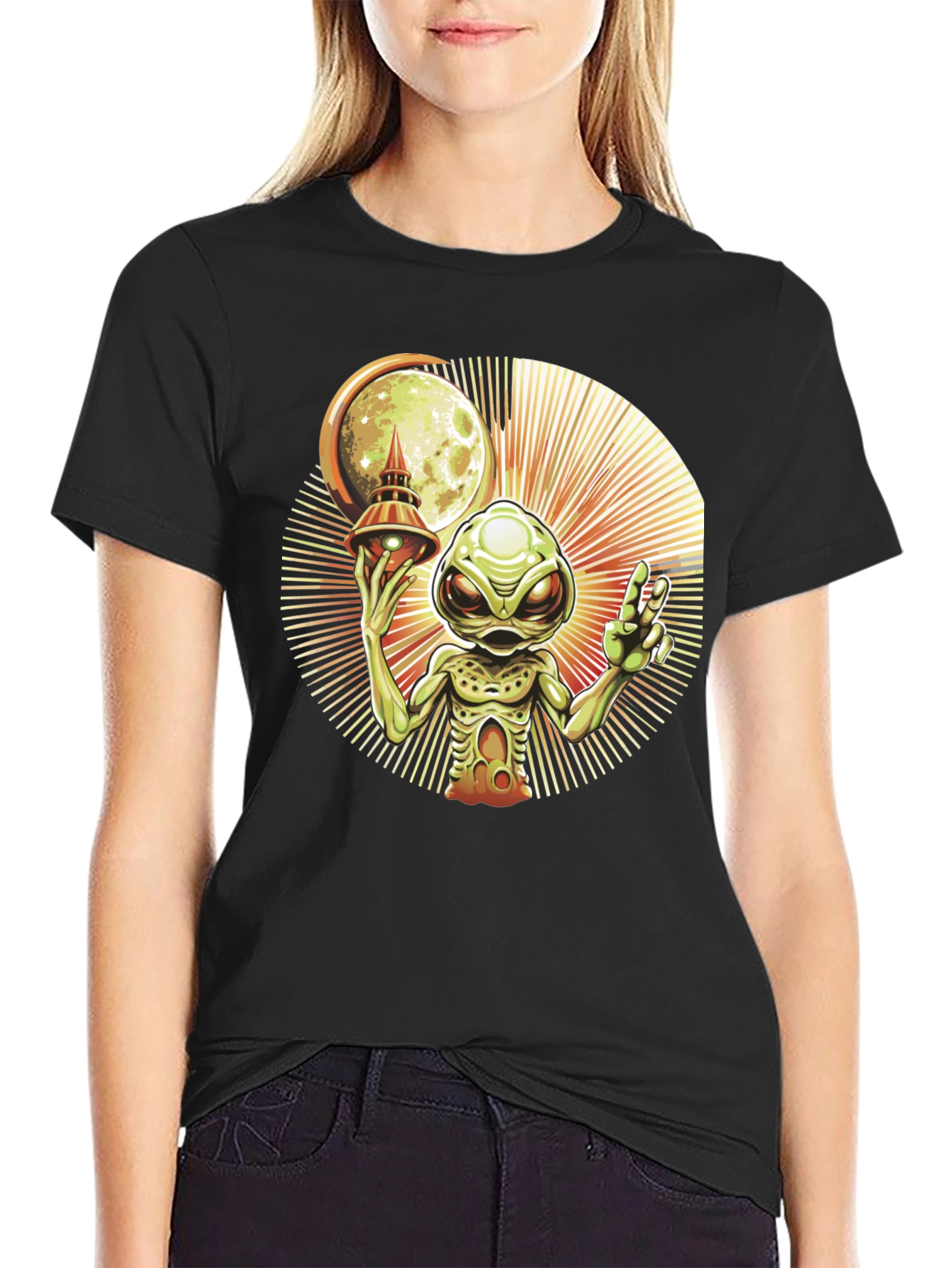 Black Alien UFO Graphic Tee - Black Cotton T-Shirt view 2
