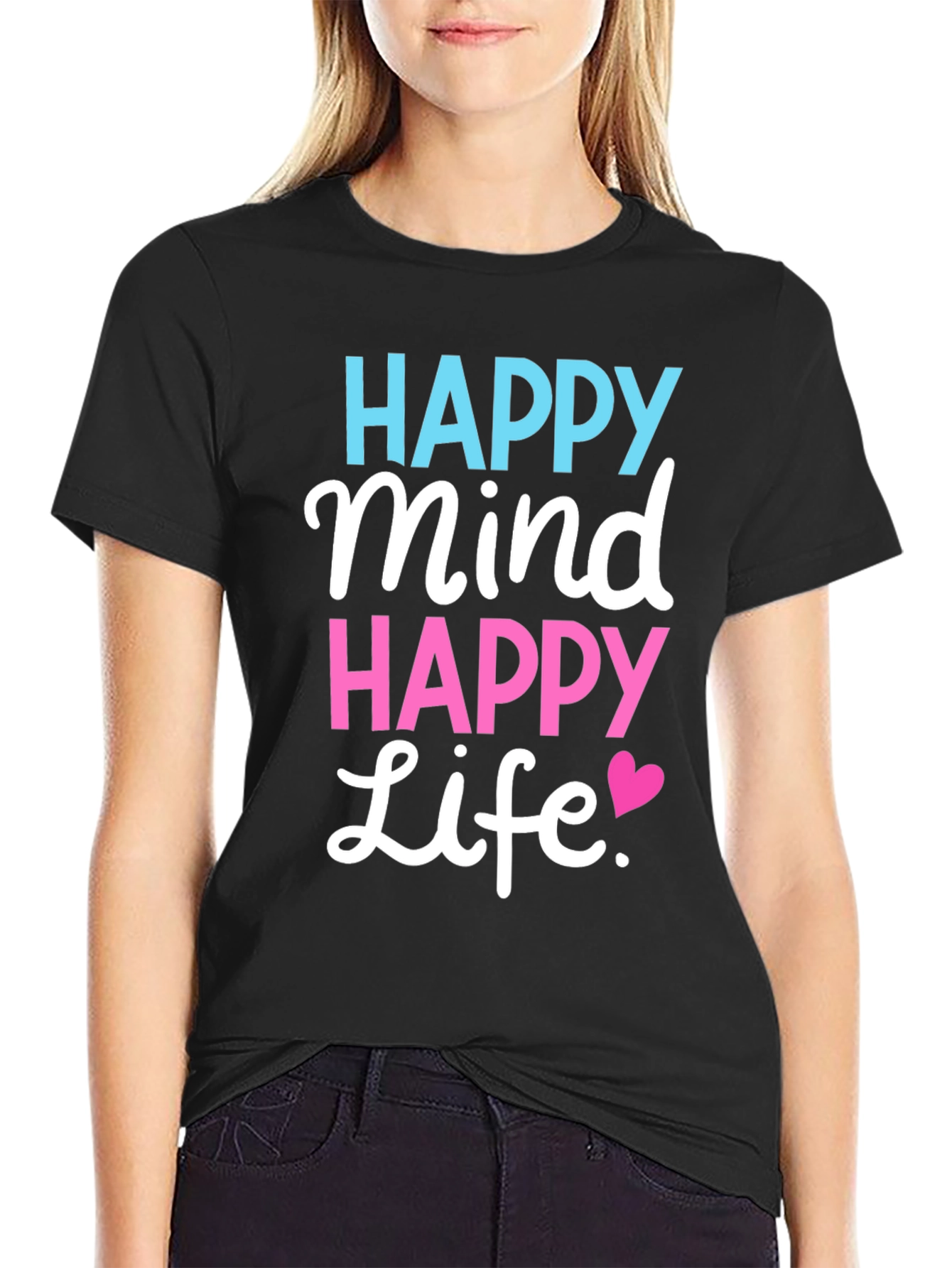 Black Happy Mind Happy Life Black T-Shirt view 2