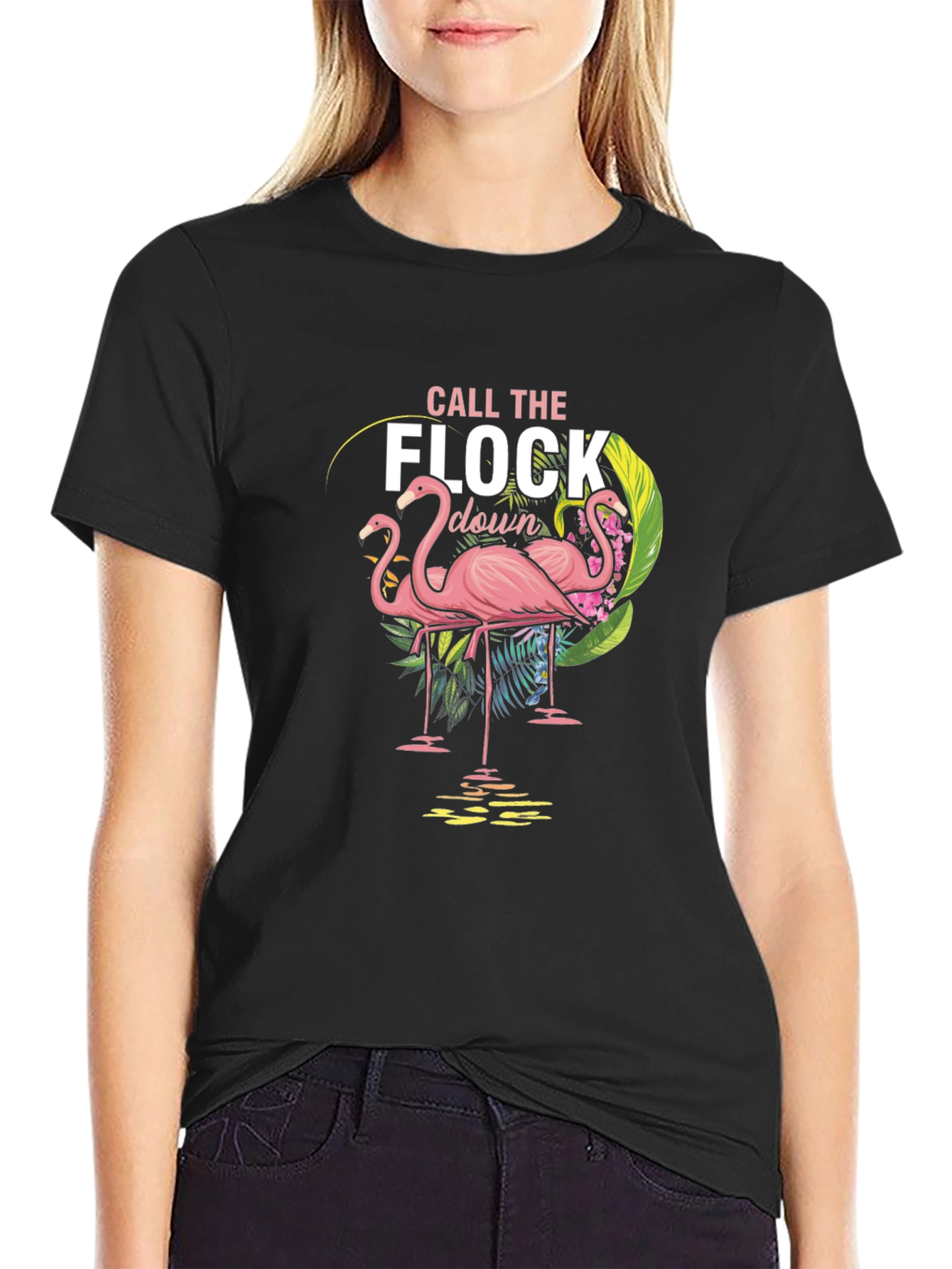 Black Call the Flock Down Flamingo Graphic Tee - Black view 2