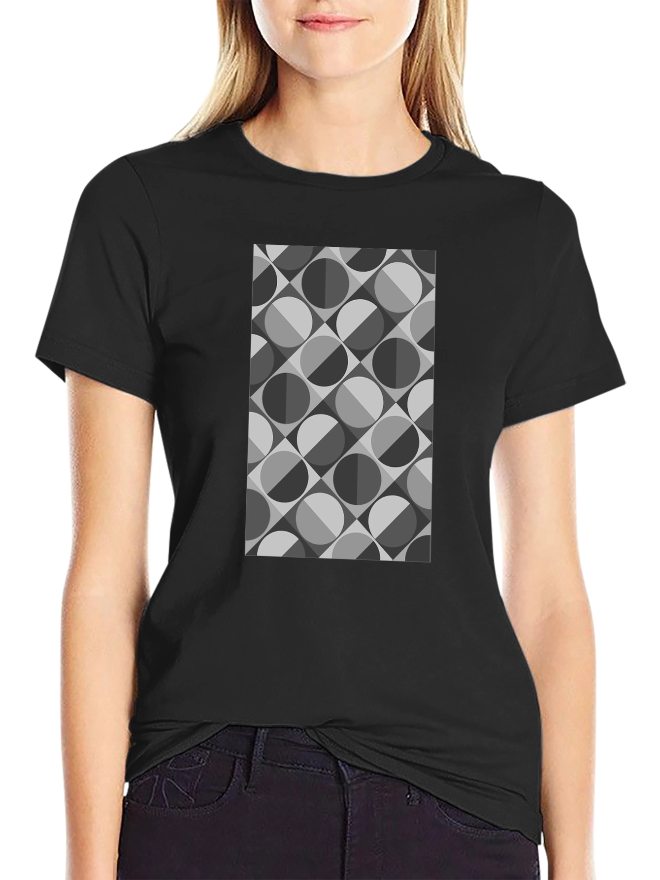 Black Geometric Retro Pattern Black T-Shirt view 2