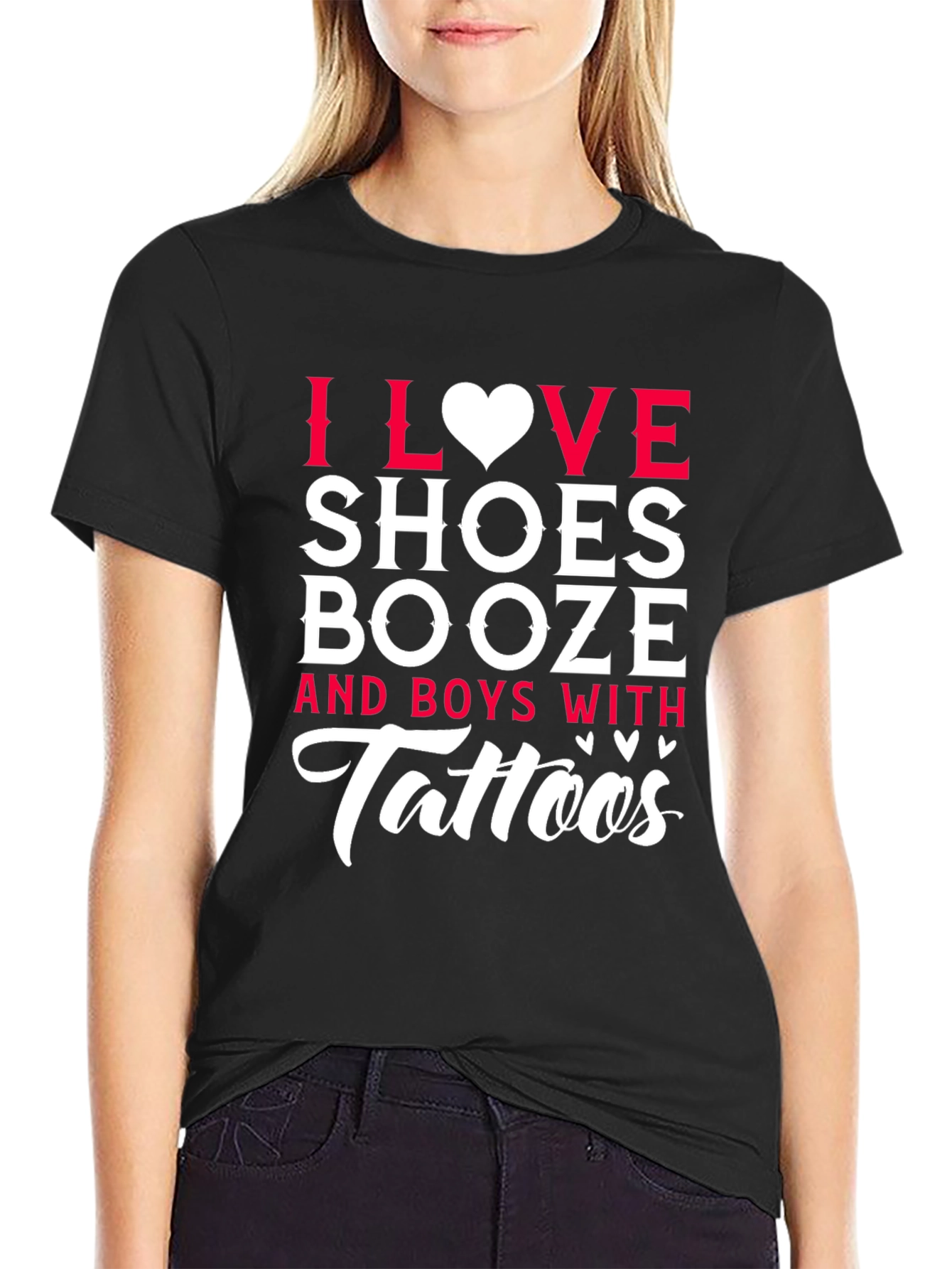 I Love Shoes Booze & Boys With Tattoos Black T-Shirt - 2